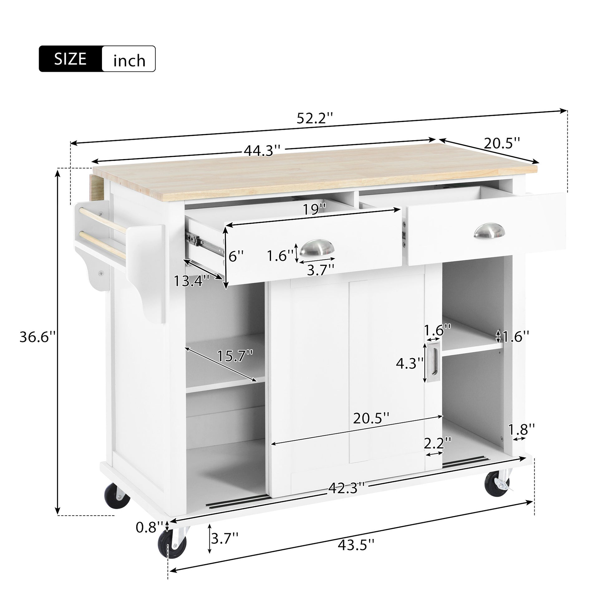 Kitchen Cart With Rubber Wood Drop Leaf Countertop, Concealed Sliding Barn Door Adjustable Height,Kitchen Island On 4 Wheels With Storage Cabinet And 2 Drawers,L52.2Xw30.5Xh36.6 Inch, White White Mdf