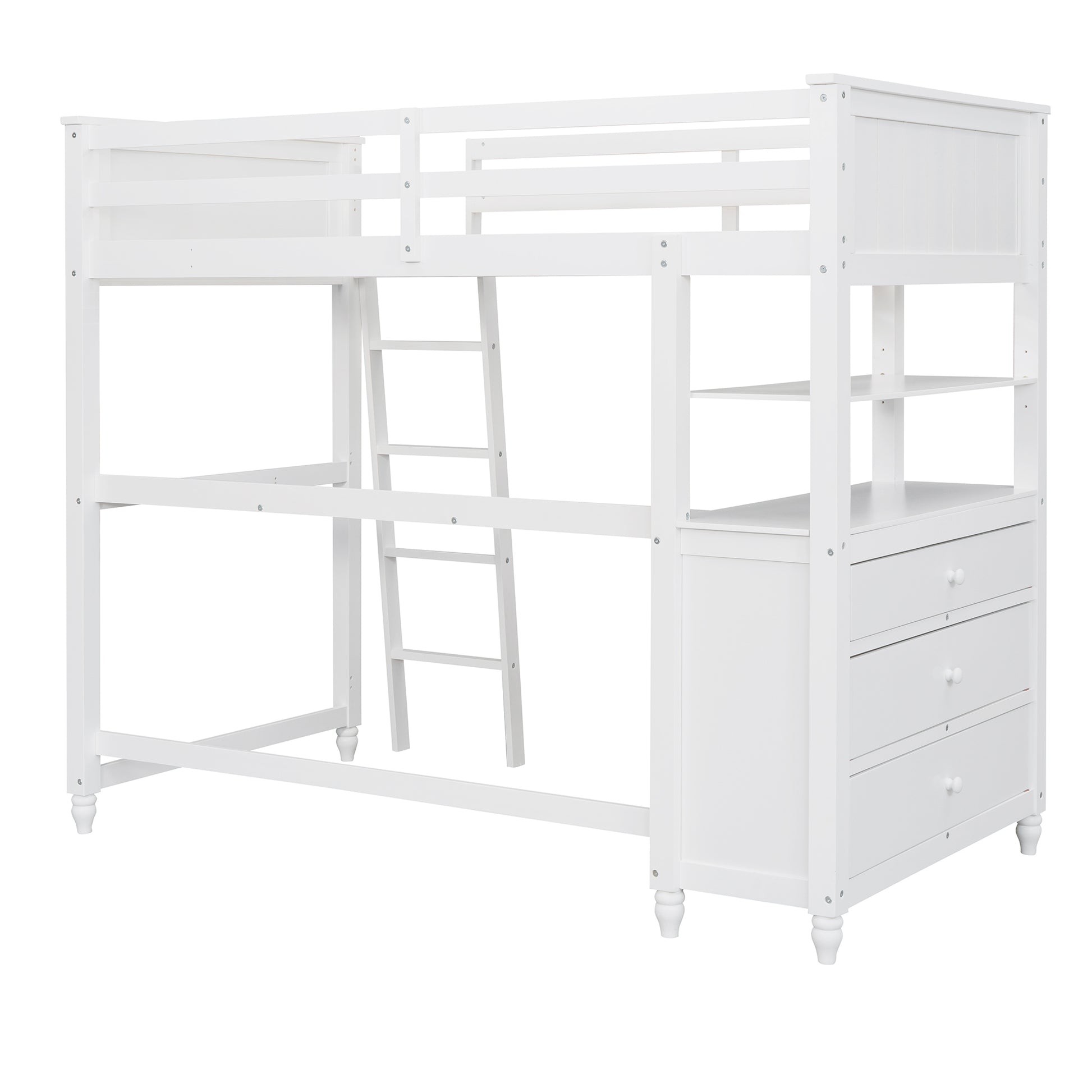 Twin Size Loft Bed With Drawers And Desk, Wooden Loft Bed With Shelves White Old Sku: Lt001530Aak White Solid Wood