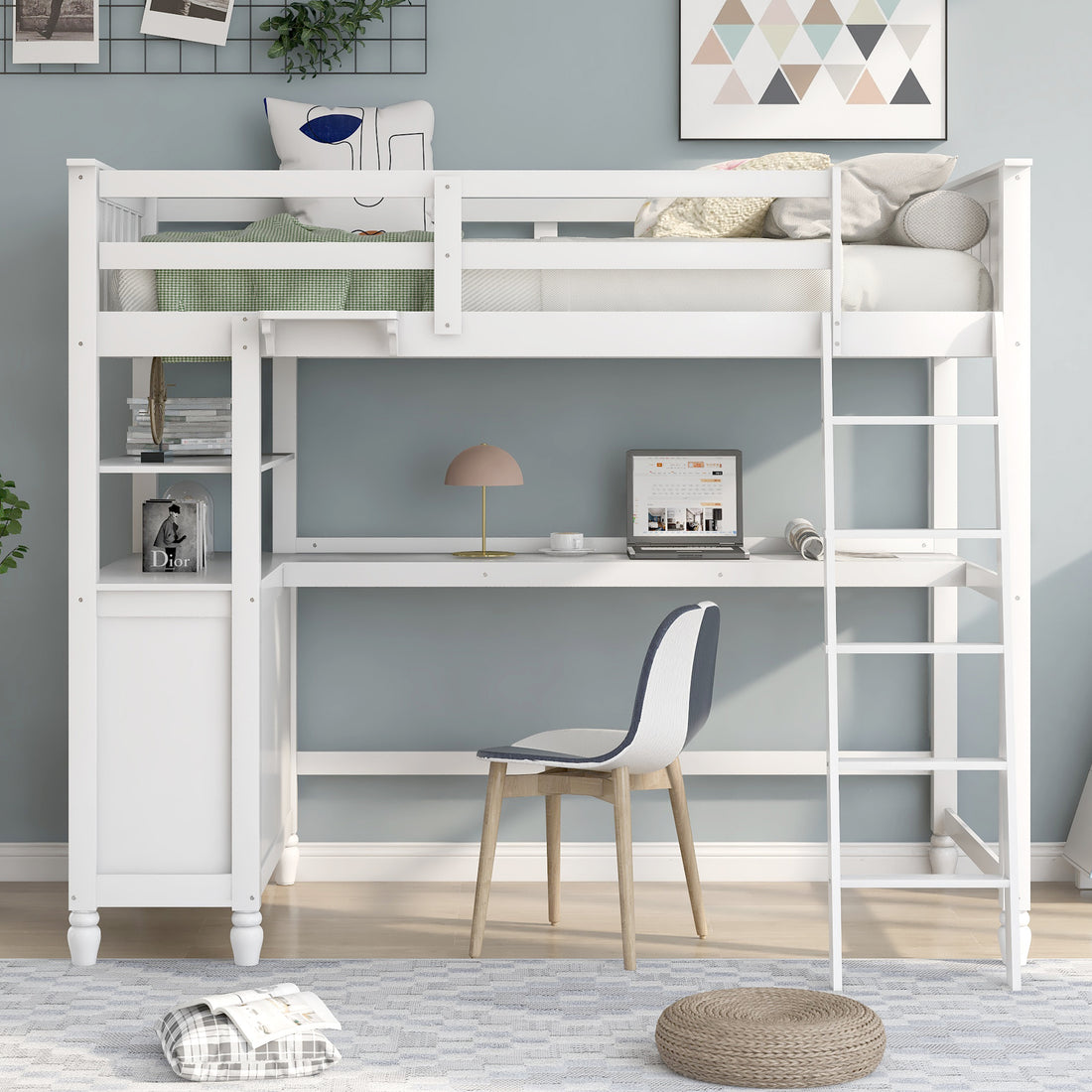 Twin Size Loft Bed With Drawers And Desk, Wooden Loft Bed With Shelves White Old Sku: Lt001530Aak White Solid Wood