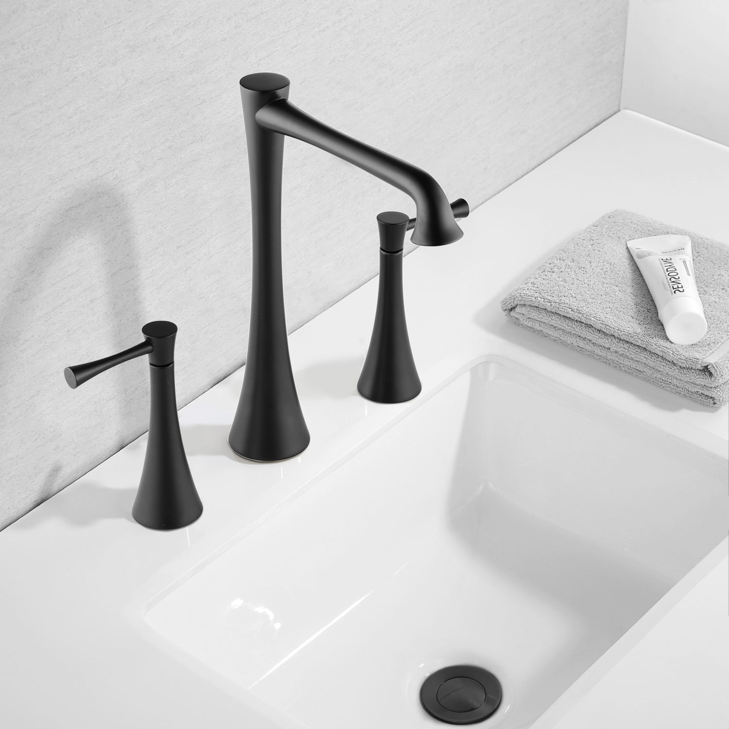 Widespread 2 Handles Bathroom Faucet With Drain Assembly, Matte Black Matte Black Brass