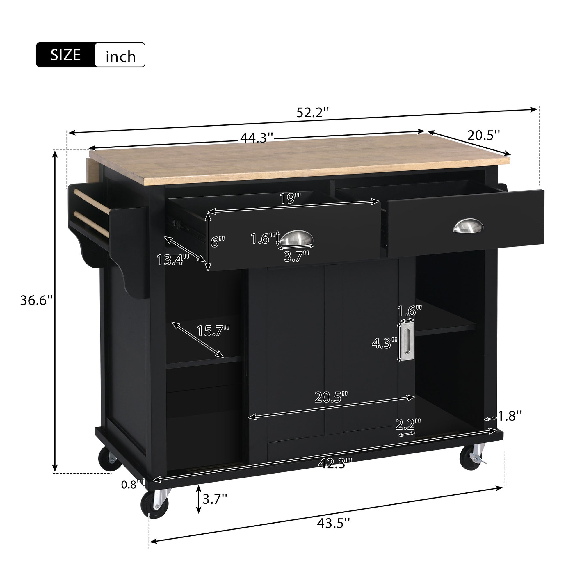 Kitchen Cart With Rubber Wood Drop Leaf Countertop, Concealed Sliding Barn Door Adjustable Height,Kitchen Island On 4 Wheels With Storage Cabinet And 2 Drawers,L52.2Xw30.5Xh36.6 Inch, Black Black Mdf