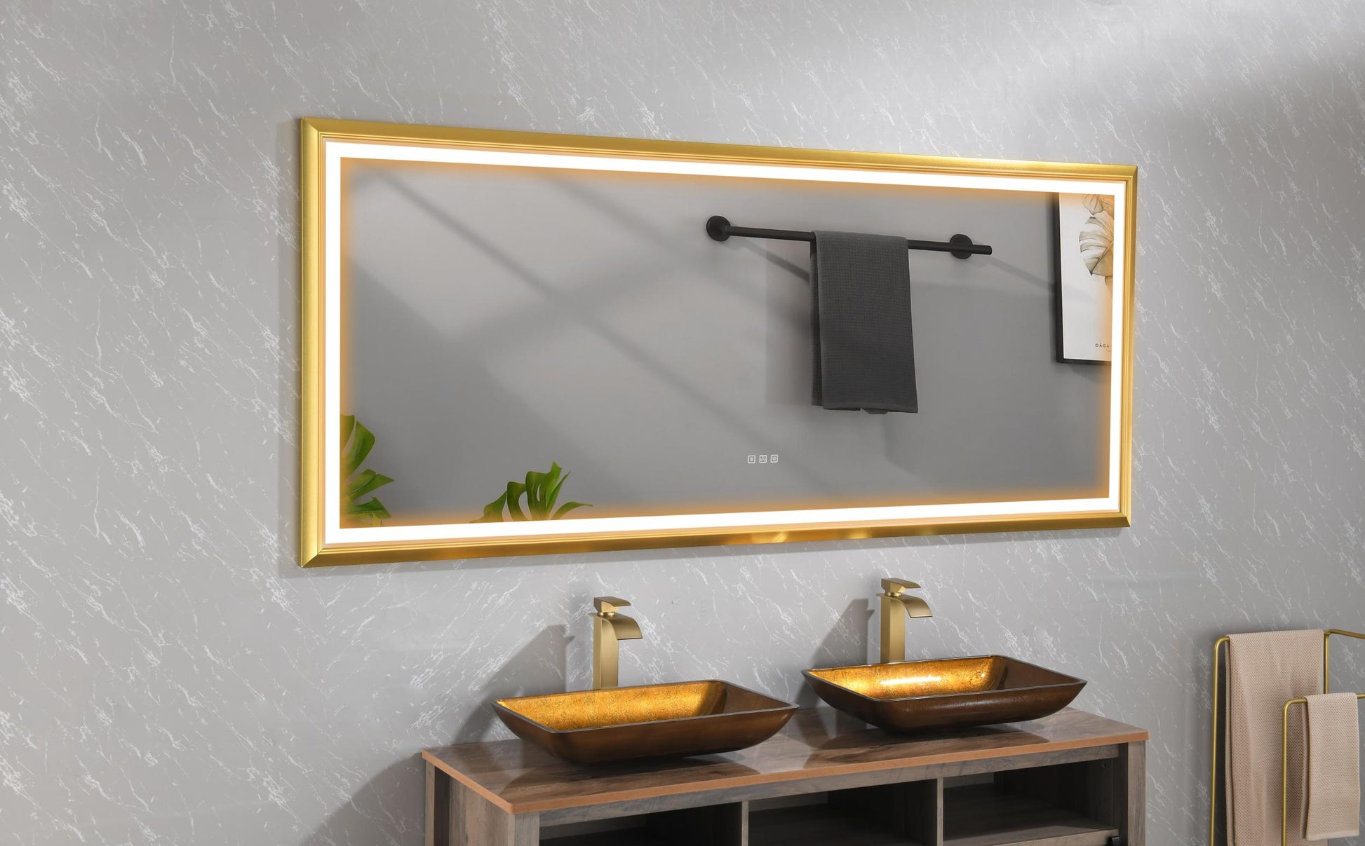 84 In. W X 36 In. H Oversized Rectangular Gold Framed Led Mirror Anti Fog Dimmable Wall Mount Bathroom Vanity Mirror Hd Wall Mirror Kit For Gym And Dance Studio 36 X 84Inches With Gold Aluminium