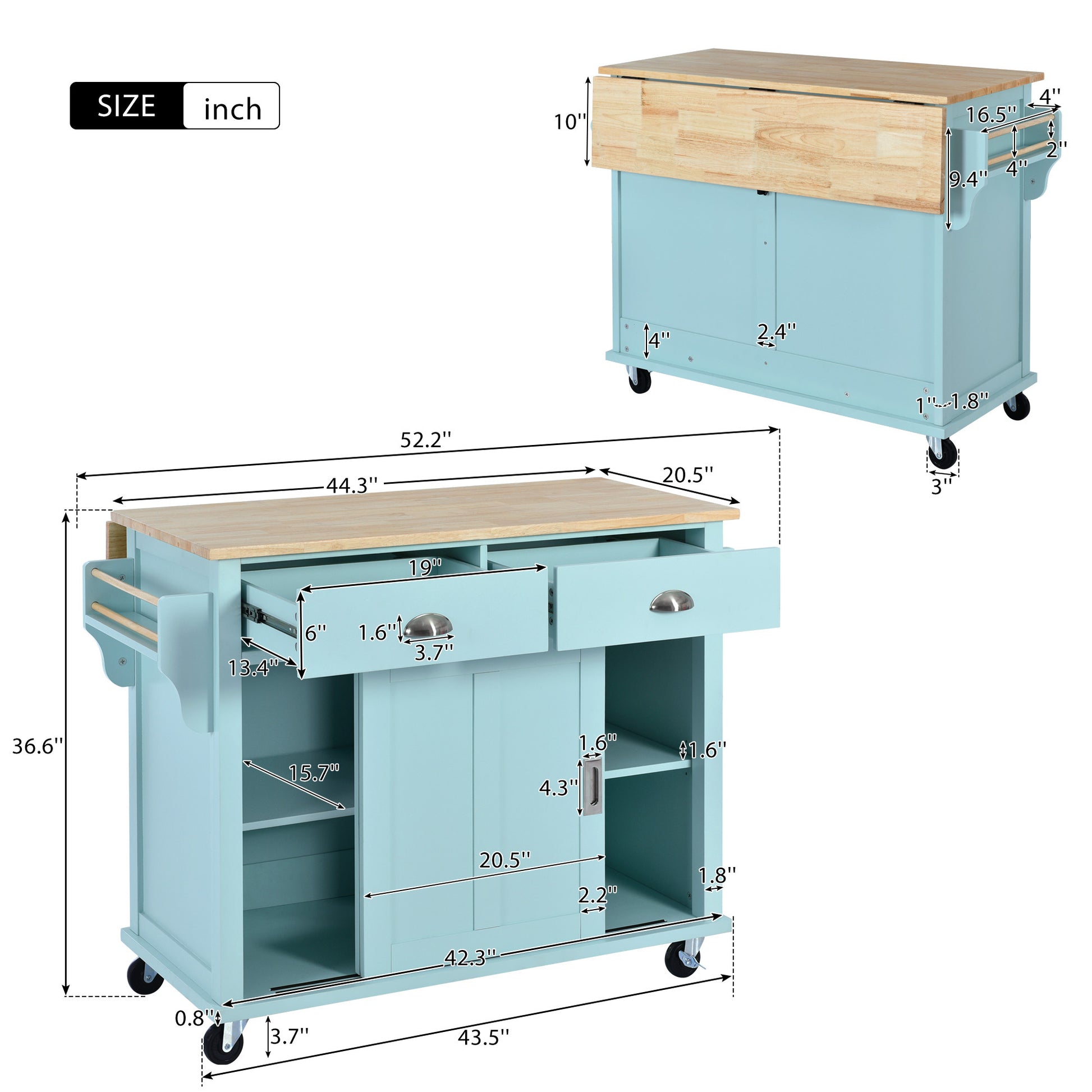 Kitchen Cart With Rubber Wood Drop Leaf Countertop, Concealed Sliding Barn Door Adjustable Height,Kitchen Island On 4 Wheels With Storage Cabinet And 2 Drawers,L52.2Xw30.5Xh36.6 Inch, Mint Green Mint Green Mdf