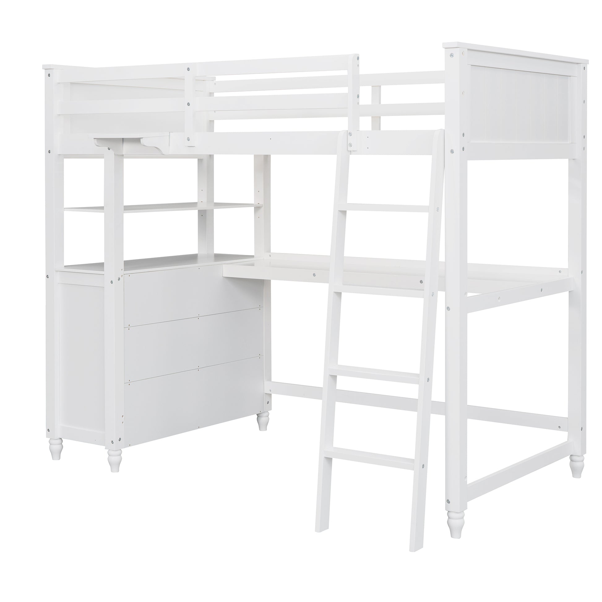 Twin Size Loft Bed With Drawers And Desk, Wooden Loft Bed With Shelves White Old Sku: Lt001530Aak White Solid Wood