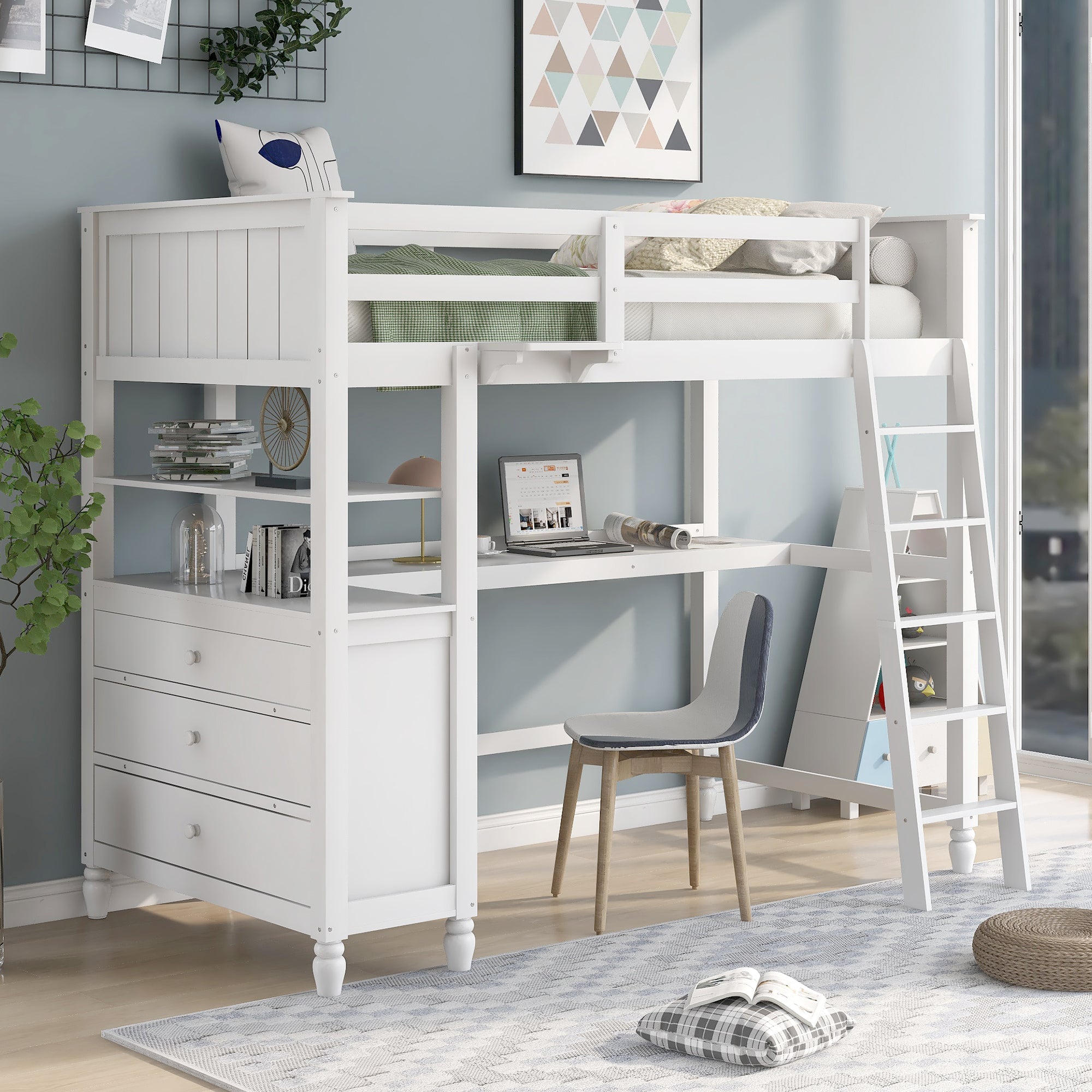 Twin Size Loft Bed With Drawers And Desk, Wooden Loft Bed With Shelves White Old Sku: Lt001530Aak White Solid Wood