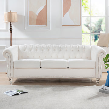 84.65" Rolled Arm Chesterfield 3 Seater Sofa White Polyester 3 Seat