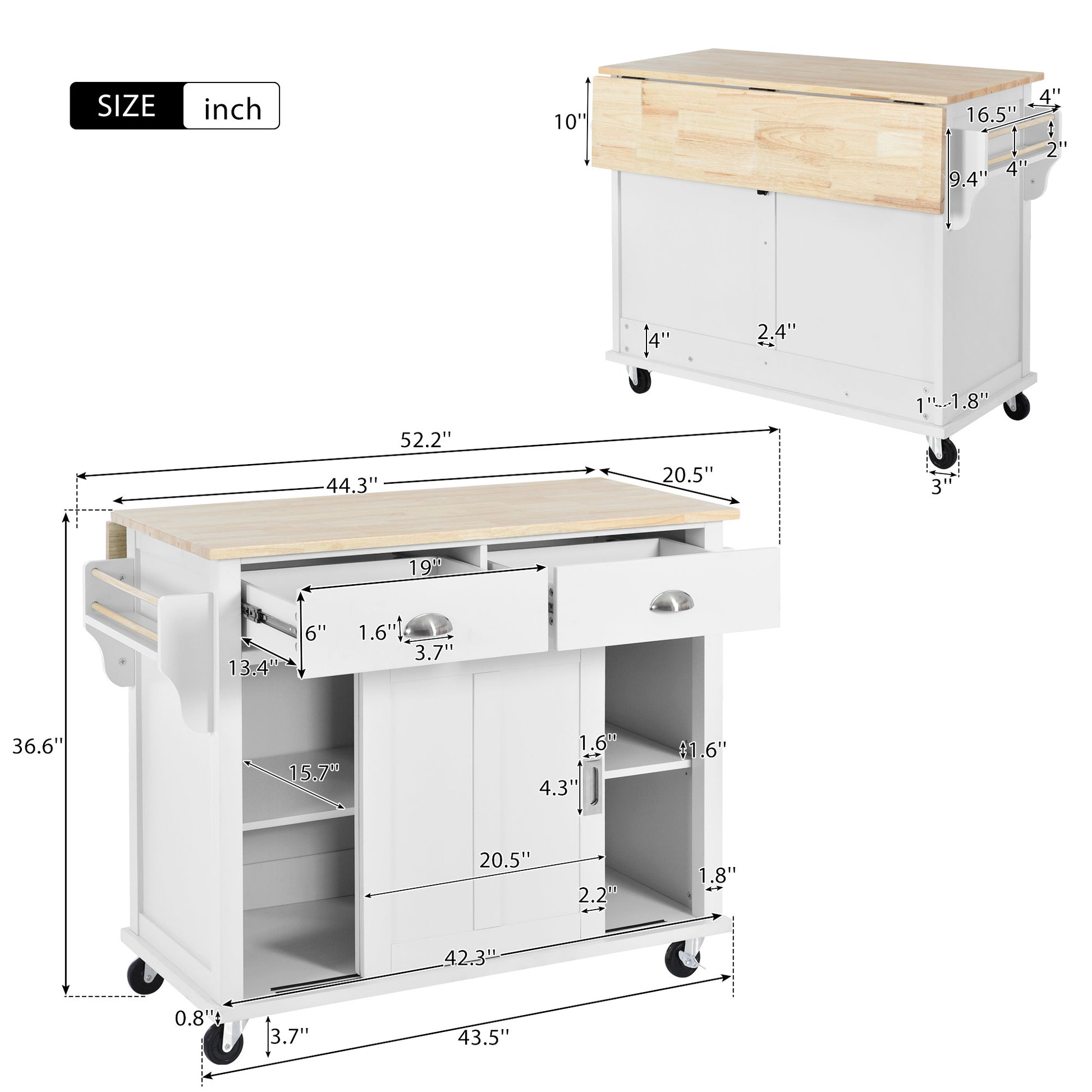 Kitchen Cart With Rubber Wood Drop Leaf Countertop, Concealed Sliding Barn Door Adjustable Height,Kitchen Island On 4 Wheels With Storage Cabinet And 2 Drawers,L52.2Xw30.5Xh36.6 Inch, White White Mdf