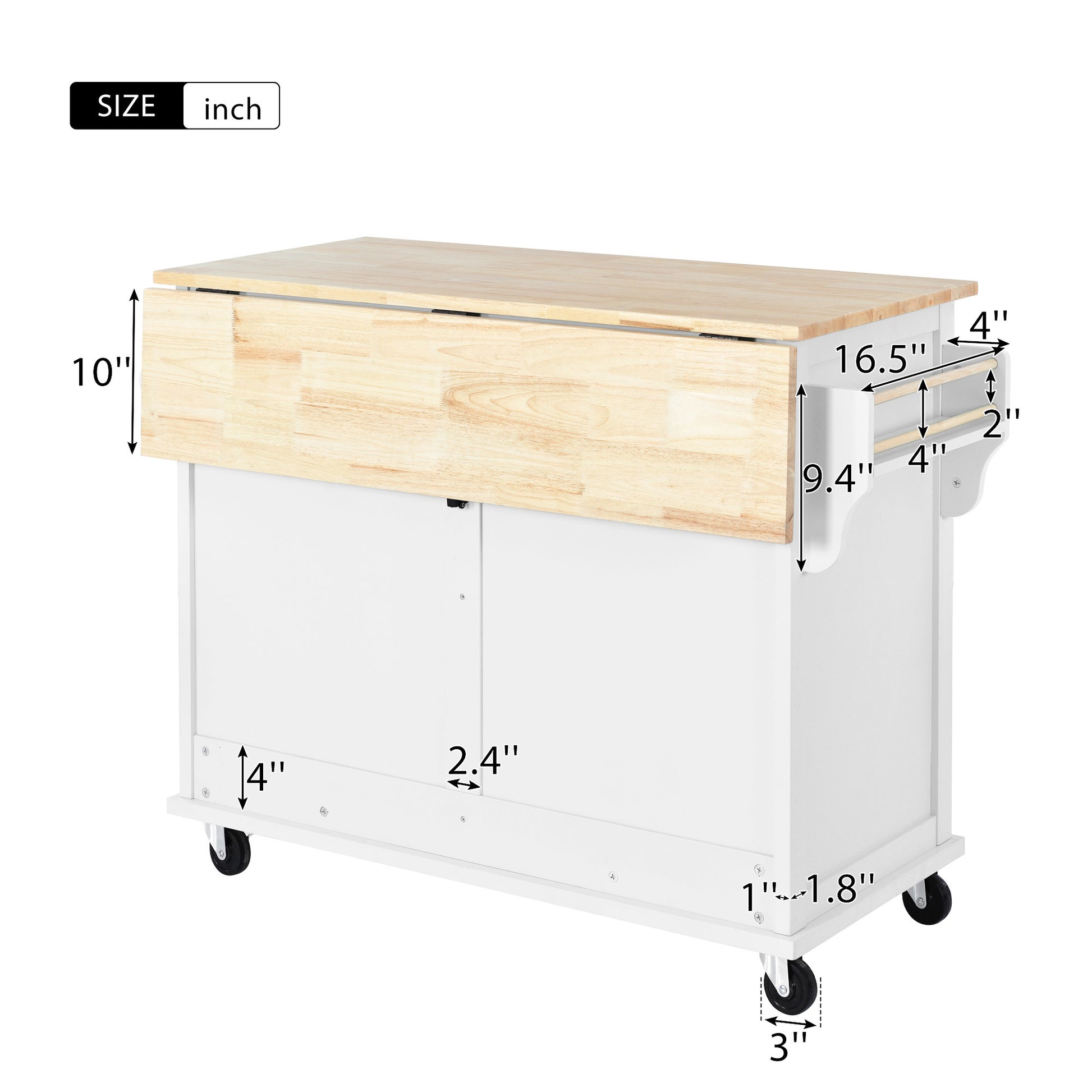 Kitchen Cart With Rubber Wood Drop Leaf Countertop, Concealed Sliding Barn Door Adjustable Height,Kitchen Island On 4 Wheels With Storage Cabinet And 2 Drawers,L52.2Xw30.5Xh36.6 Inch, White White Mdf