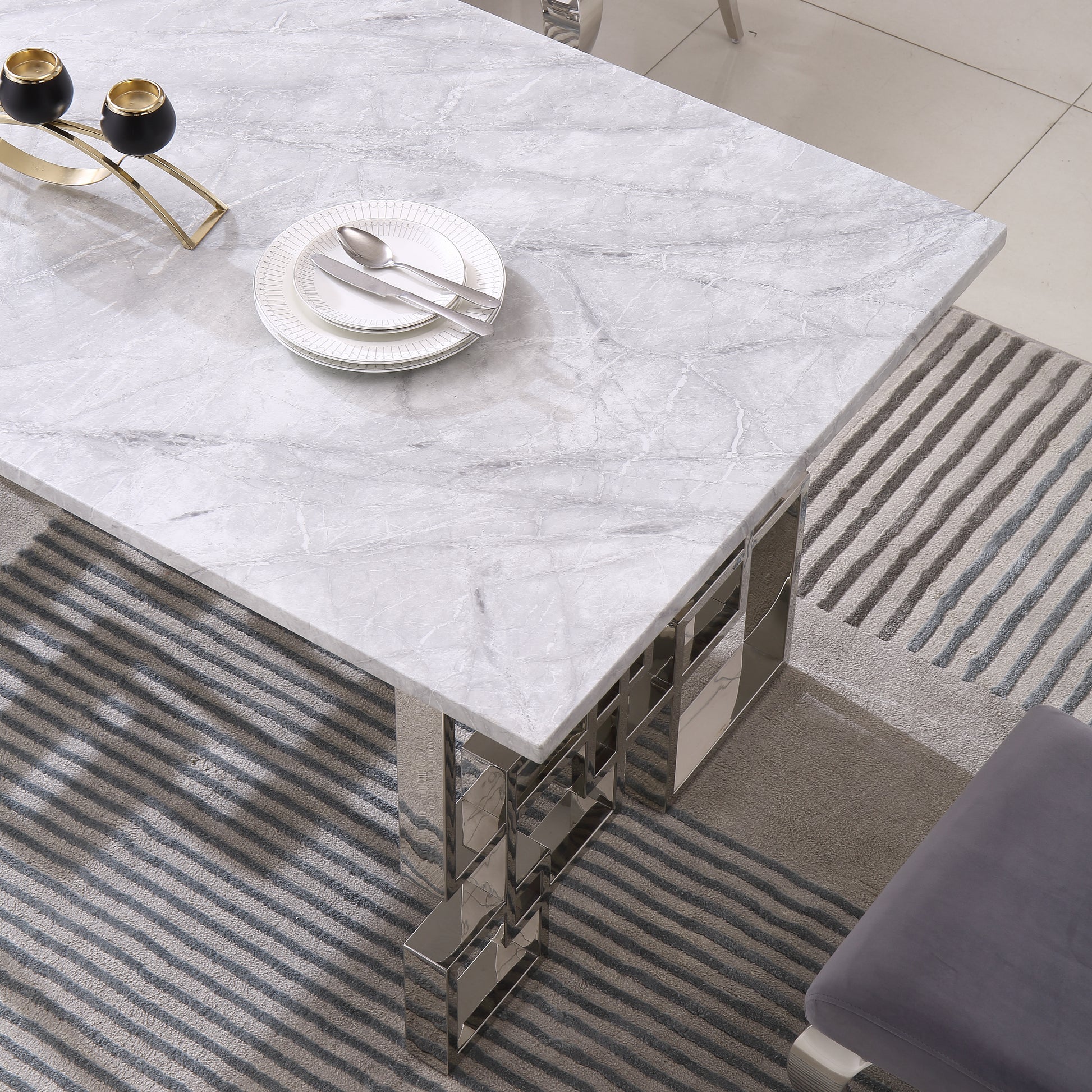 Contemporary Rectangular Marble Table, 0.71" Marble Top, Silver Mirrored Finish, Luxury Design For Home 63"X35.4"X29.5" Grey Marble