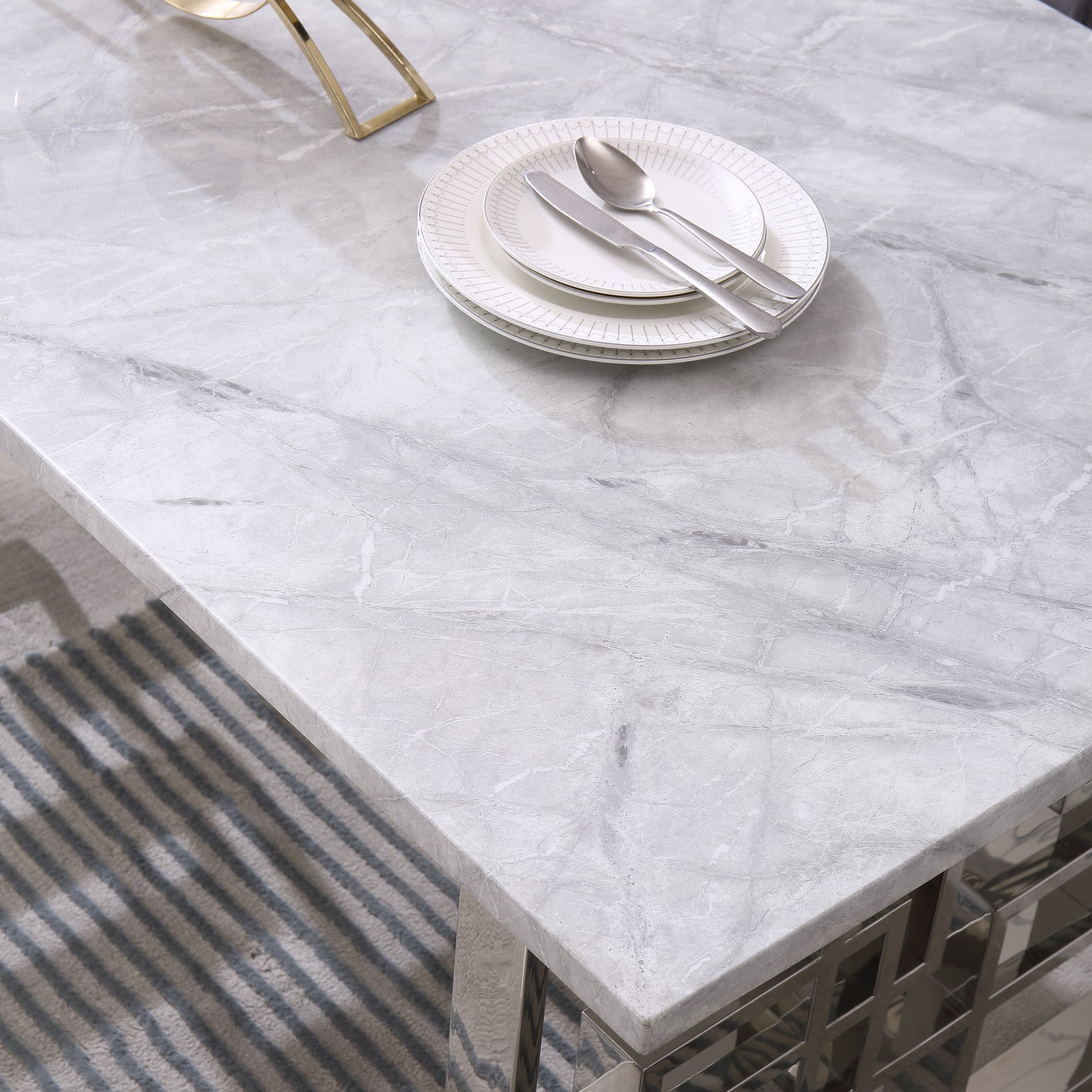 Contemporary Rectangular Marble Table, 0.71" Marble Top, Silver Mirrored Finish, Luxury Design For Home 63"X35.4"X29.5" Grey Marble