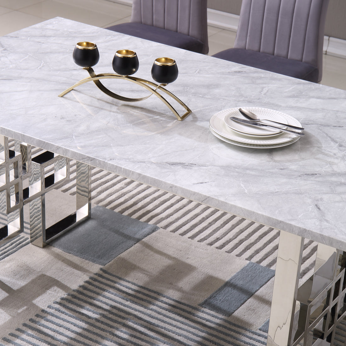 Contemporary Rectangular Marble Table, 0.71" Marble Top, Silver Mirrored Finish, Luxury Design For Home 63"X35.4"X29.5" Grey Marble