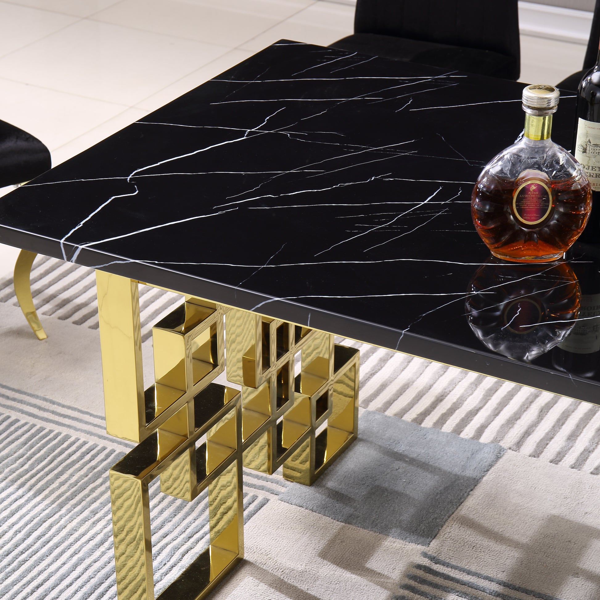 Contemporary Rectangular Marble Table, 0.71" Marble Top, Gold Mirrored Finish, Luxury Design For Home 63"X35.4"X29.5" Black Marble