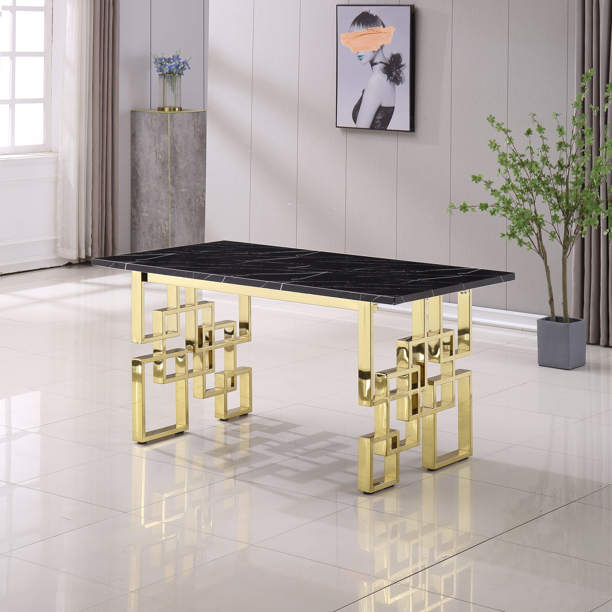 Contemporary Rectangular Marble Table, 0.71" Marble Top, Gold Mirrored Finish, Luxury Design For Home 63"X35.4"X29.5" Black Marble