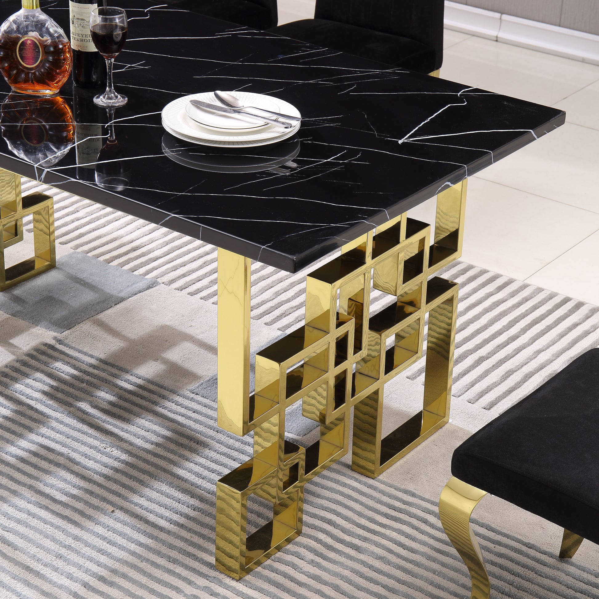 Contemporary Rectangular Marble Table, 0.71" Marble Top, Gold Mirrored Finish, Luxury Design For Home 63"X35.4"X29.5" Black Marble