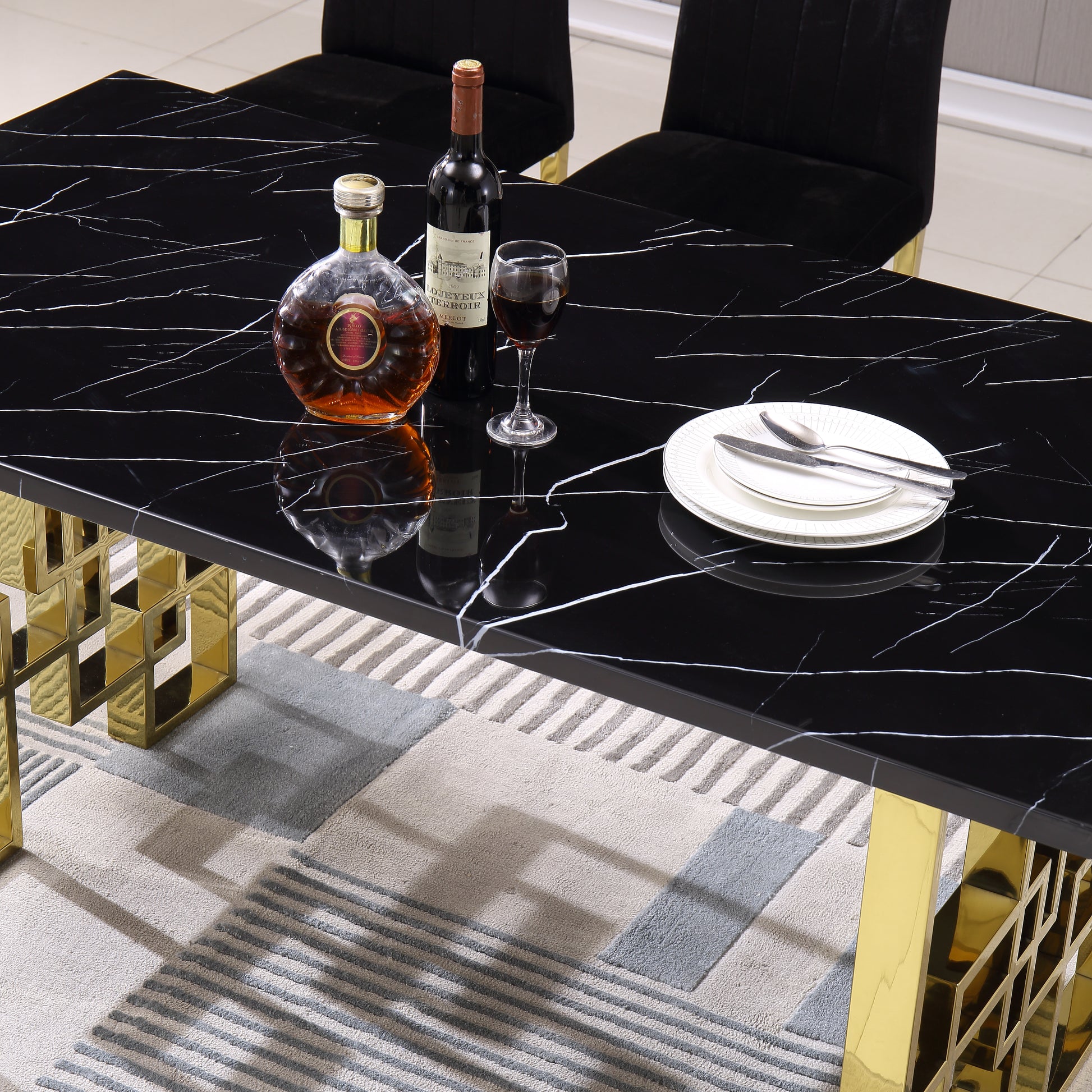 Contemporary Rectangular Marble Table, 0.71" Marble Top, Gold Mirrored Finish, Luxury Design For Home 63"X35.4"X29.5" Black Marble