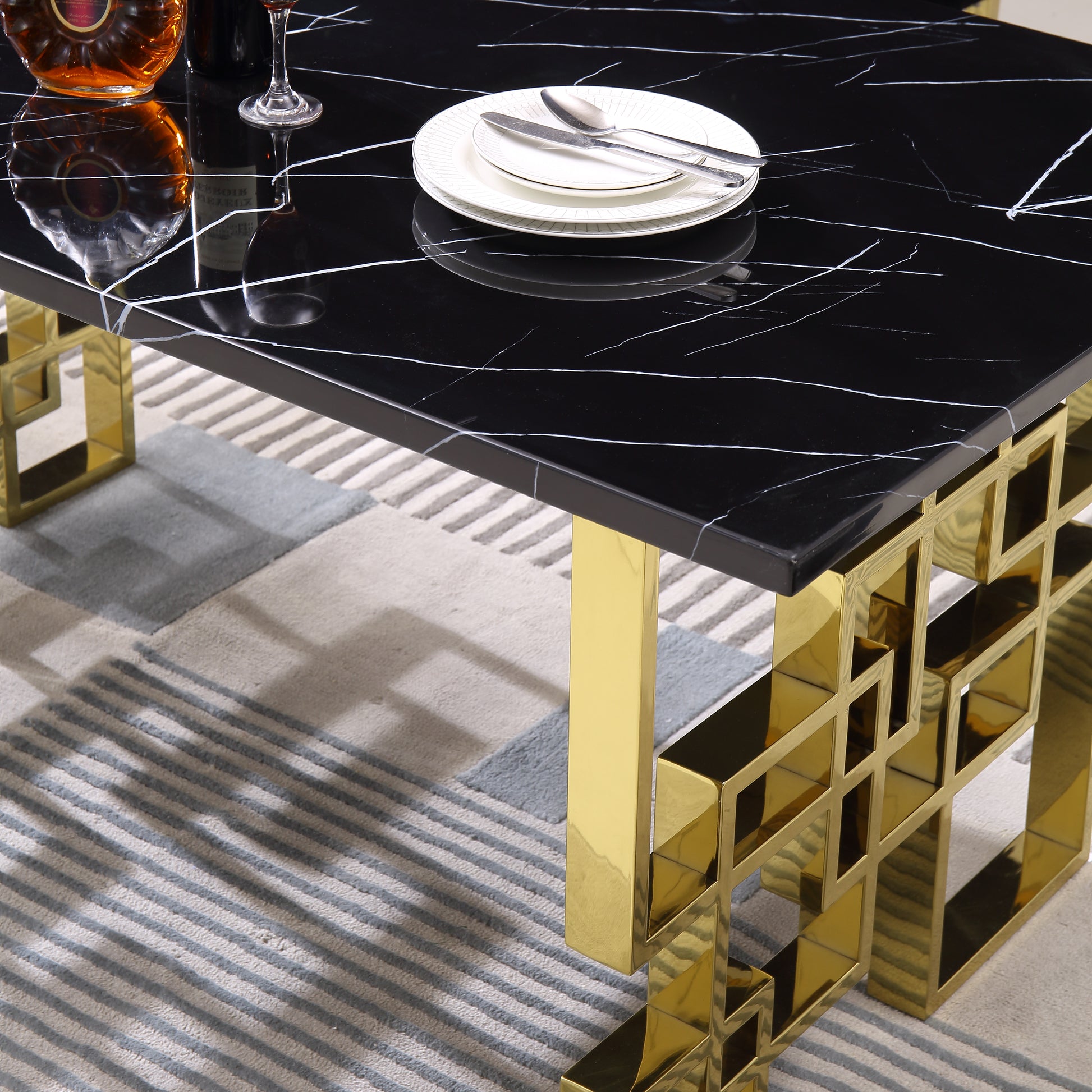 Contemporary Rectangular Marble Table, 0.71" Marble Top, Gold Mirrored Finish, Luxury Design For Home 63"X35.4"X29.5" Black Marble