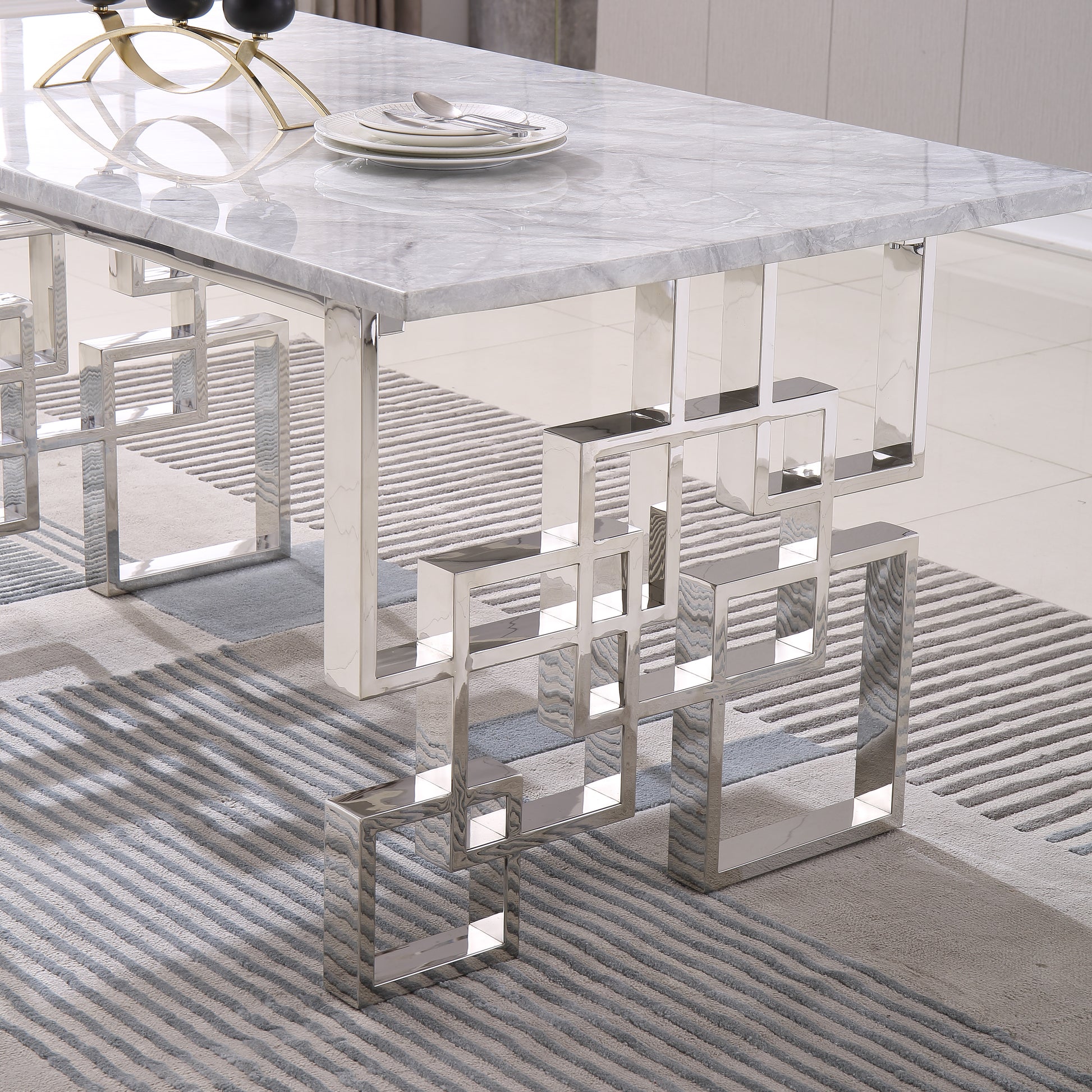 Contemporary Rectangular Marble Table, 0.71" Marble Top, Silver Mirrored Finish, Luxury Design For Home 63"X35.4"X29.5" Grey Marble