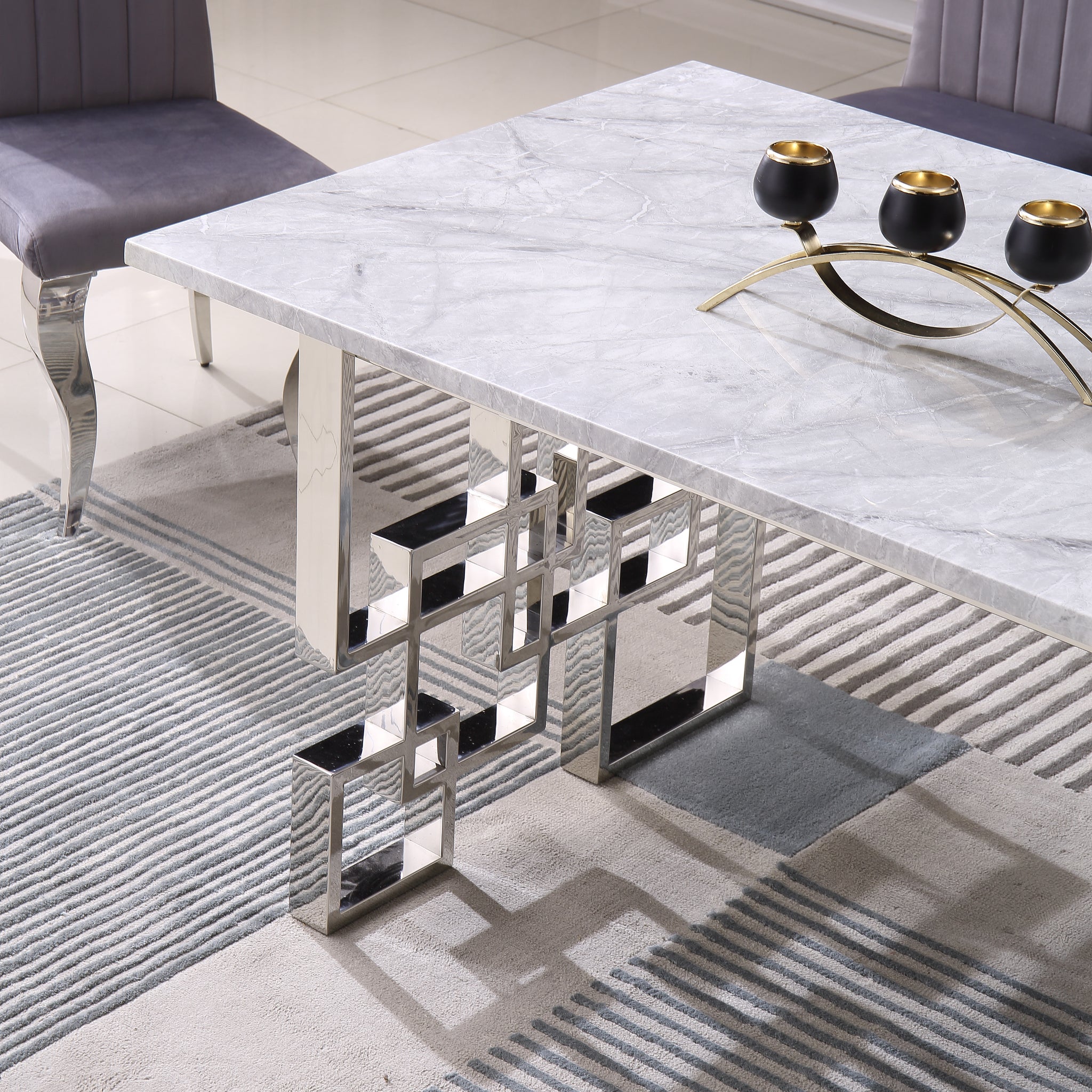 Contemporary Rectangular Marble Table, 0.71" Marble Top, Silver Mirrored Finish, Luxury Design For Home 63"X35.4"X29.5" Grey Marble