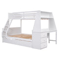 Twin Over Full Bunk Bed With Trundle And Built In Desk, Three Storage Drawers And Shelf,White White Pine