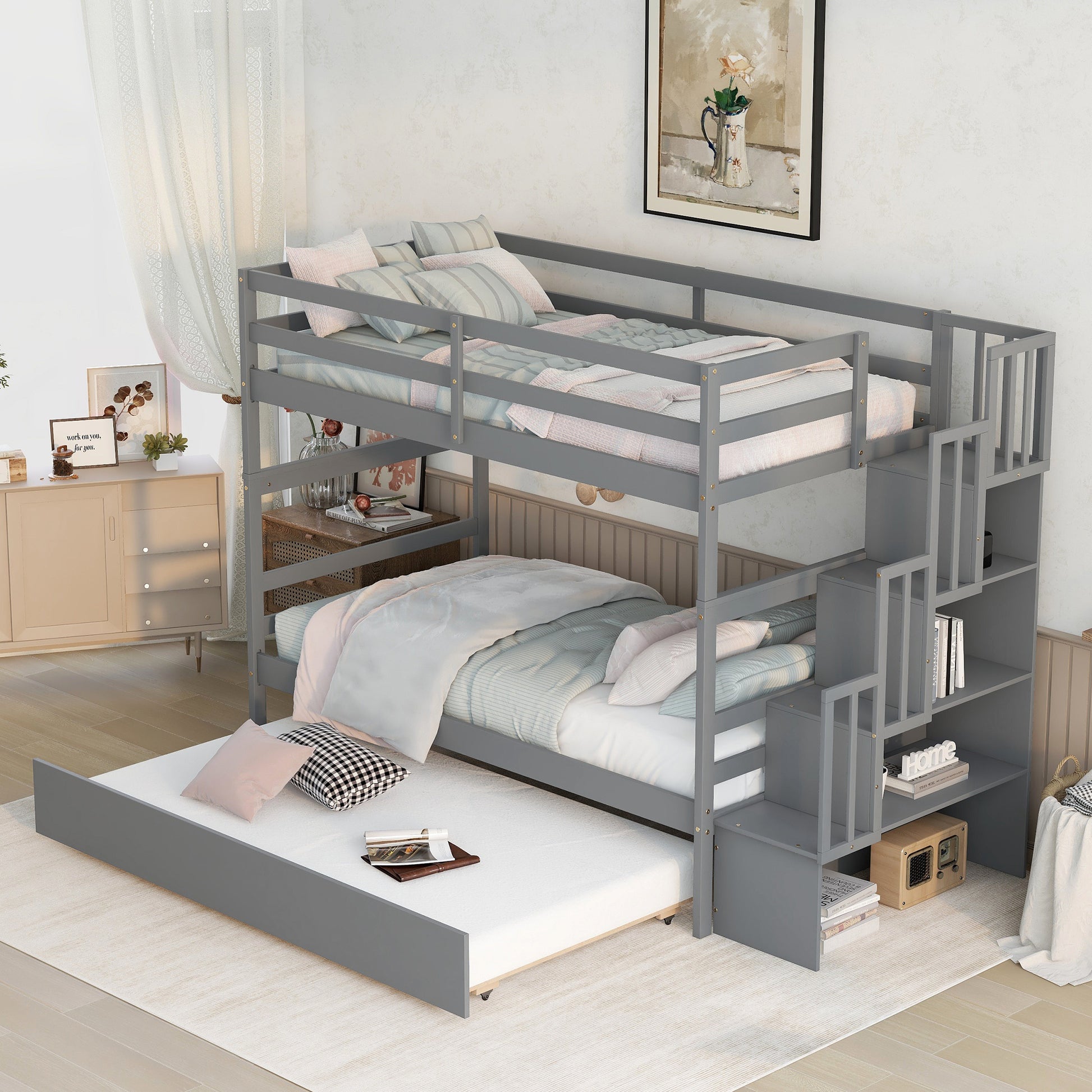 Twin Over Twin Bunk Beds With Twin Trundle And Stairway Storage Function In Grey Color Gray Pine