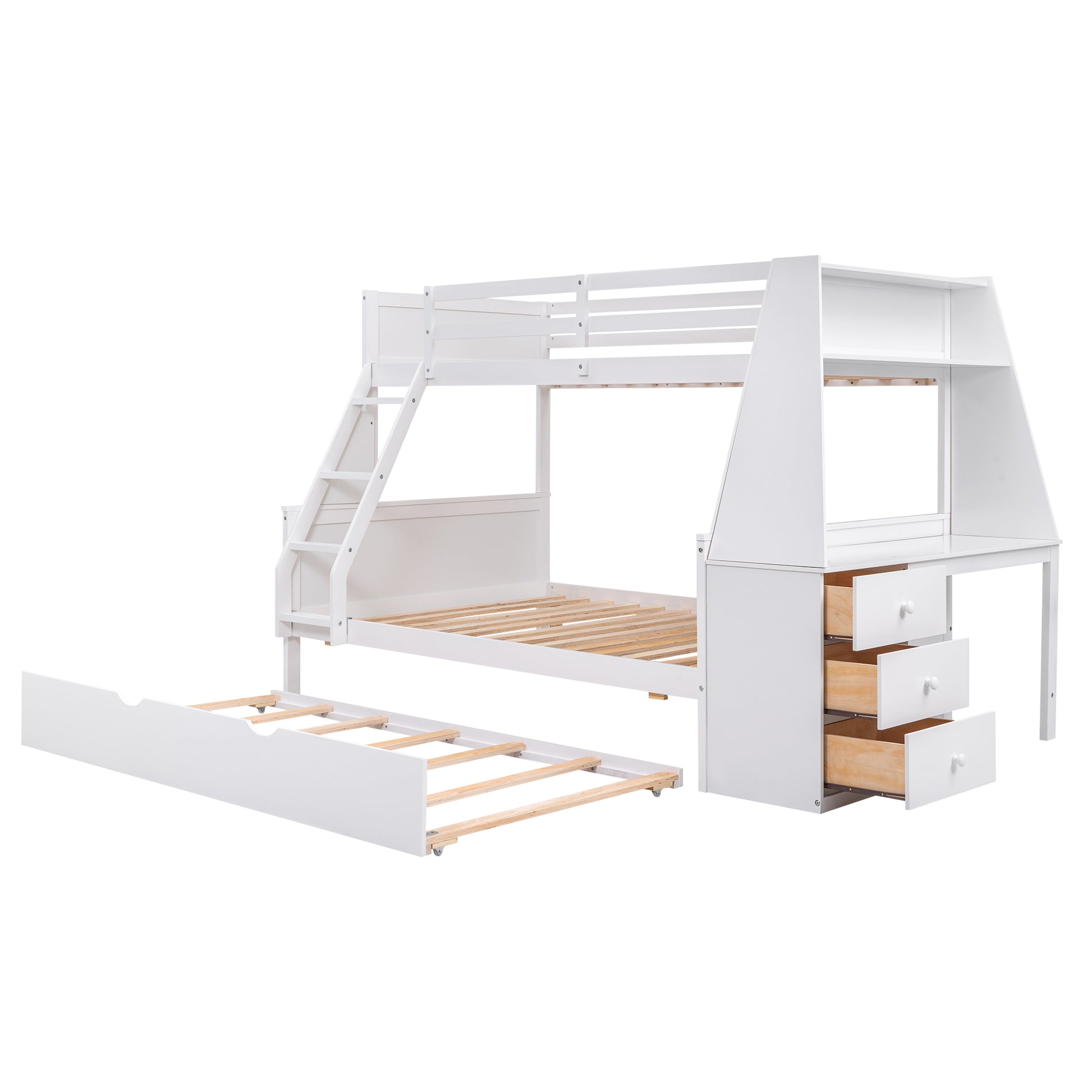 Twin Over Full Bunk Bed With Trundle And Built In Desk, Three Storage Drawers And Shelf,White White Pine