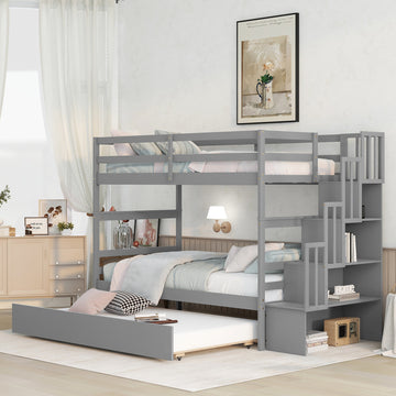 Twin Over Twin Bunk Beds With Twin Trundle And Stairway Storage Function In Grey Color Gray Pine