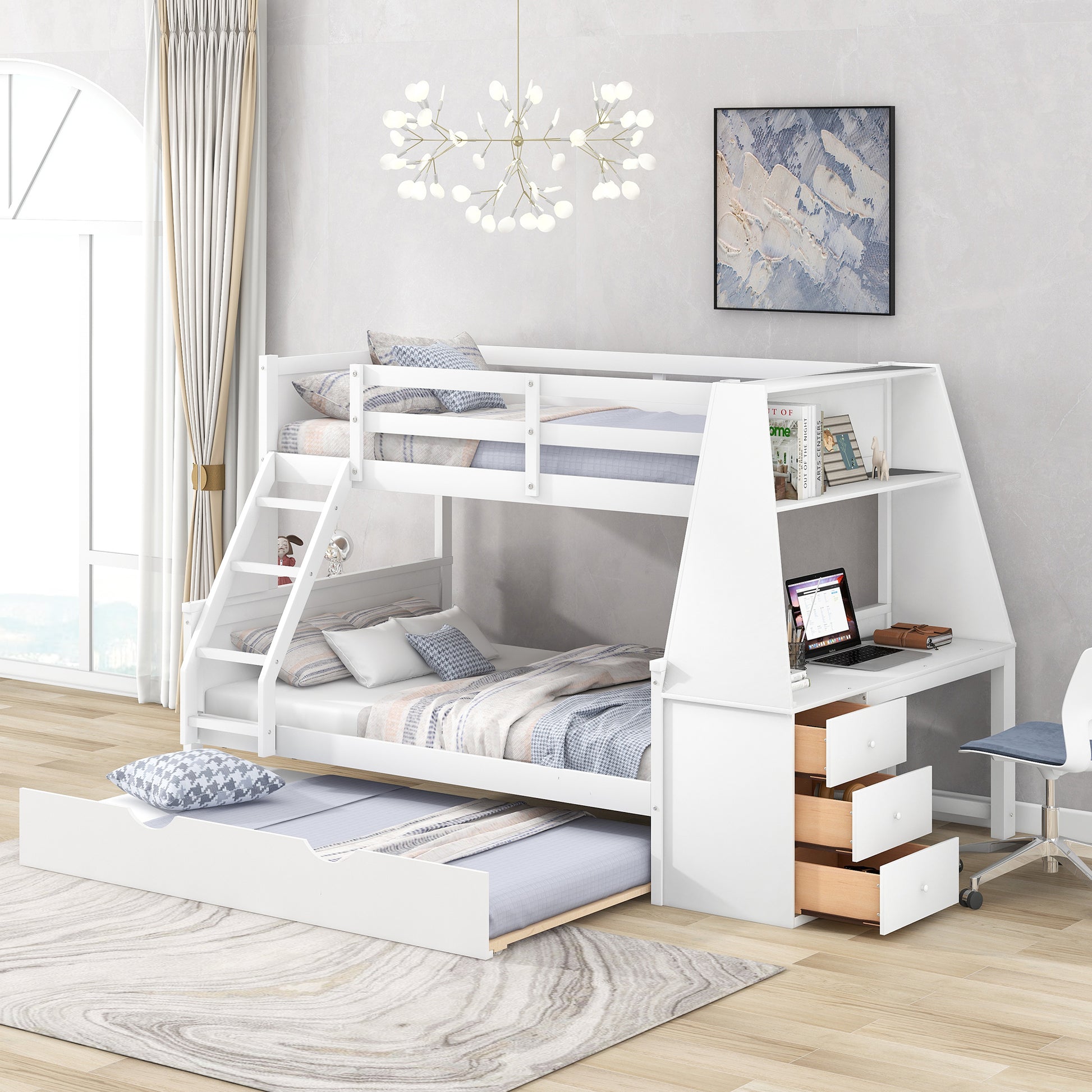 Twin Over Full Bunk Bed With Trundle And Built In Desk, Three Storage Drawers And Shelf,White White Pine