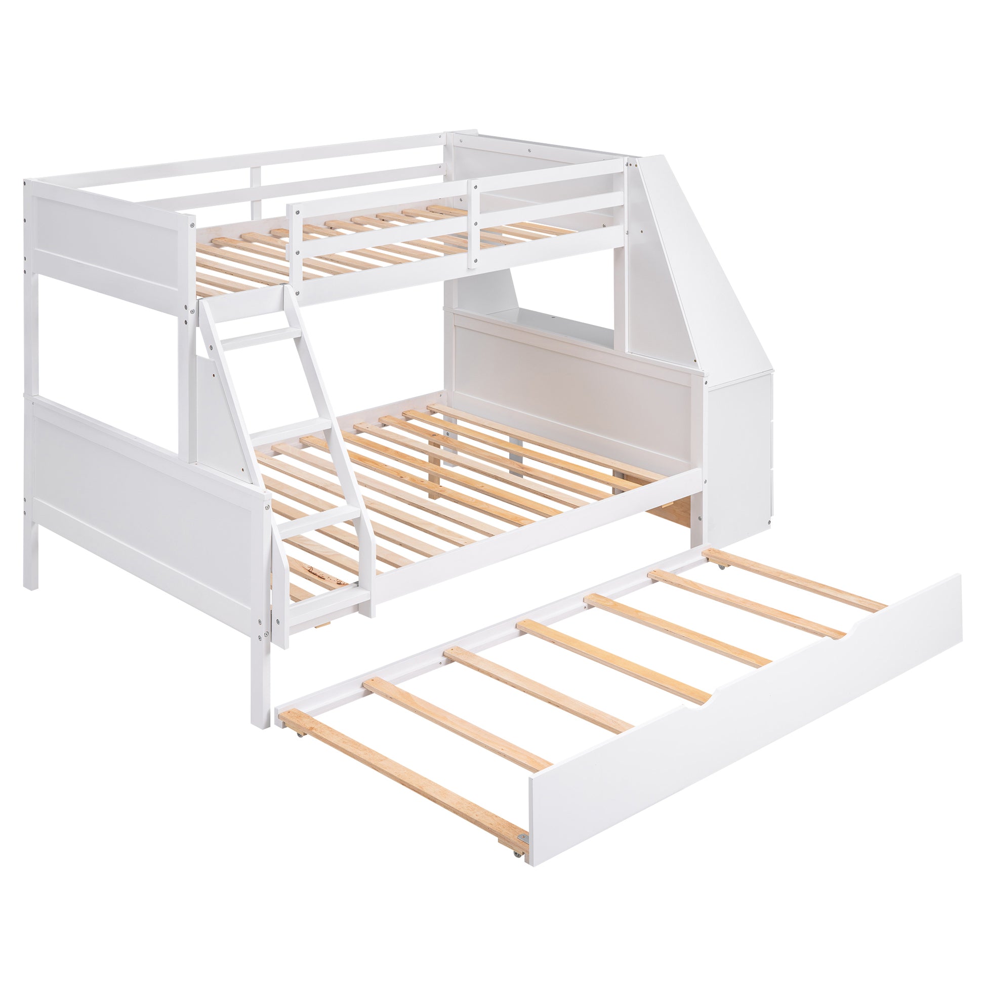 Twin Over Full Bunk Bed With Trundle And Built In Desk, Three Storage Drawers And Shelf,White White Pine