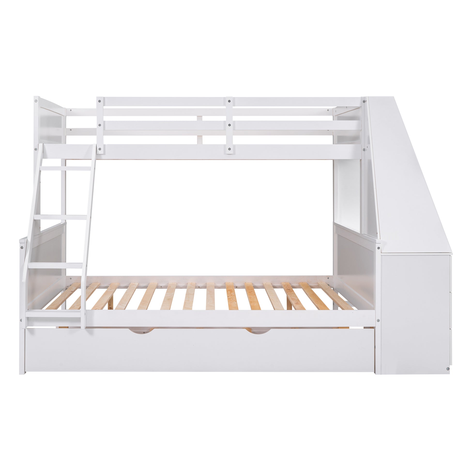 Twin Over Full Bunk Bed With Trundle And Built In Desk, Three Storage Drawers And Shelf,White White Pine