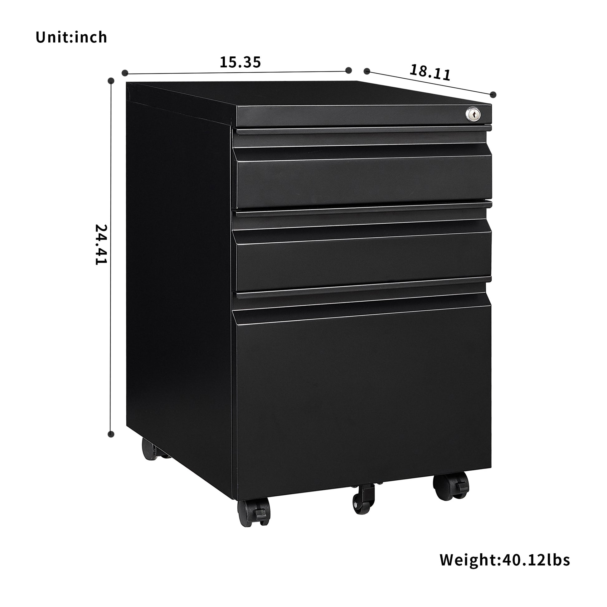 3 Drawer File Cabinet With Lock, Steel Mobile Filing Cabinet On Anti Tilt Wheels, Rolling Locking Office Cabinets Under Desk For Legal Letter Size Black Metal