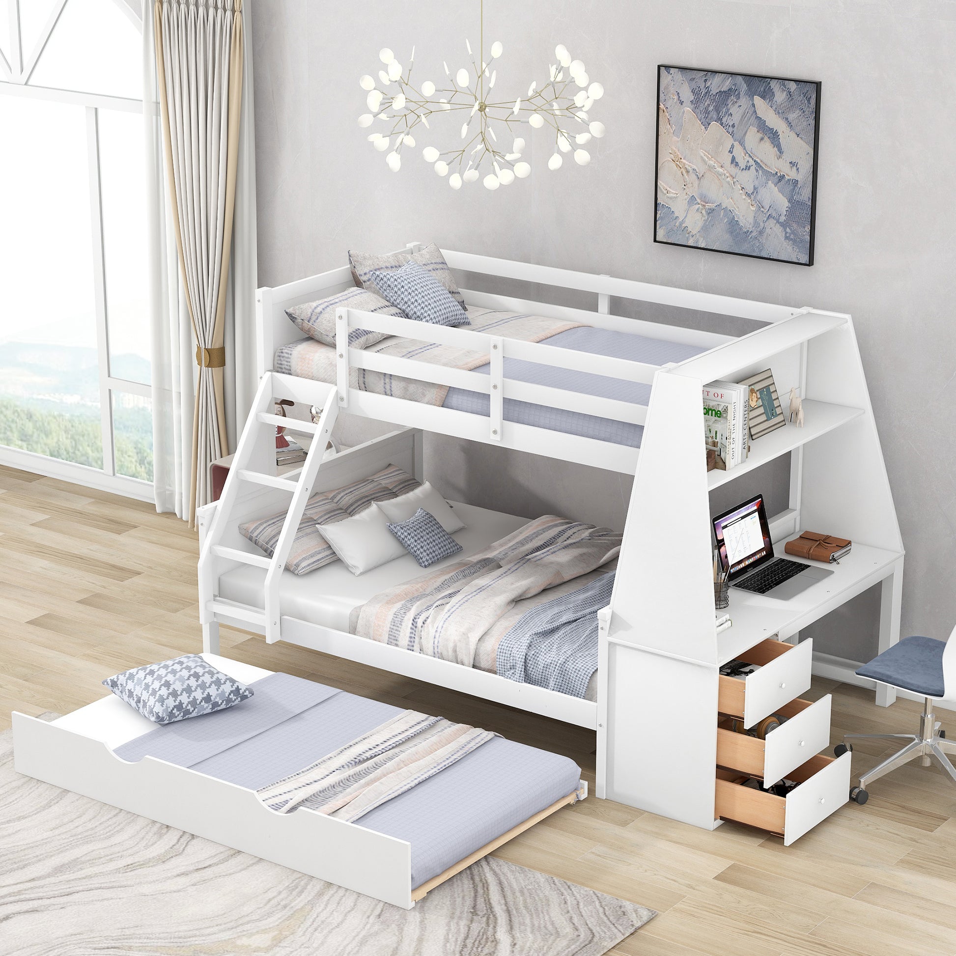 Twin Over Full Bunk Bed With Trundle And Built In Desk, Three Storage Drawers And Shelf,White White Pine