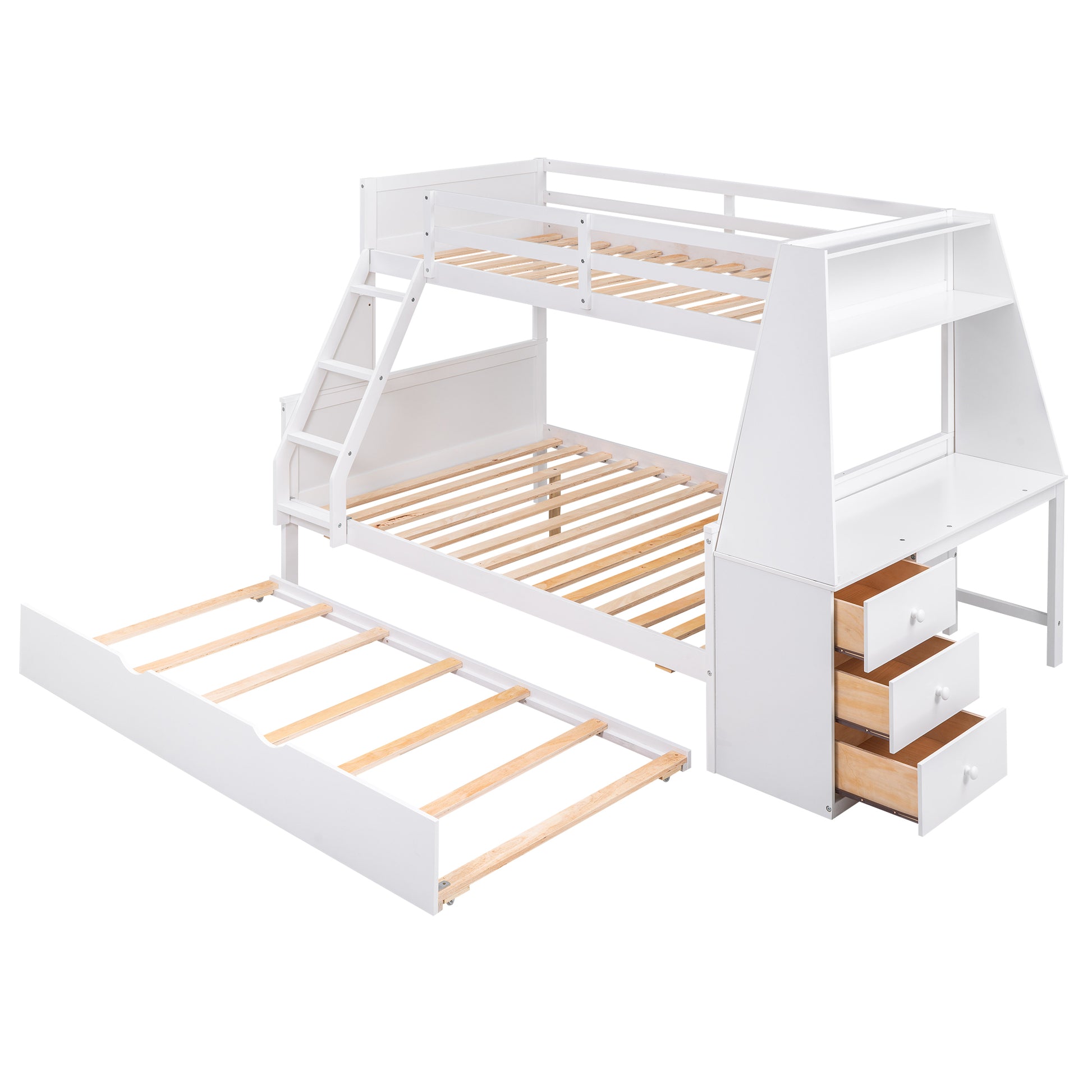 Twin Over Full Bunk Bed With Trundle And Built In Desk, Three Storage Drawers And Shelf,White White Pine