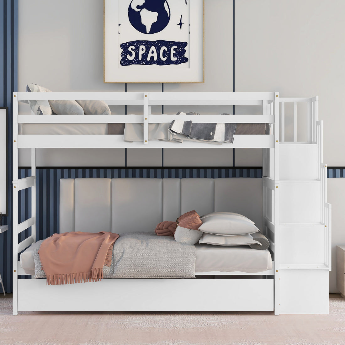 Twin Over Twin Bunk Beds With Twin Trundle And Stairway Storage Function In White Color White Pine