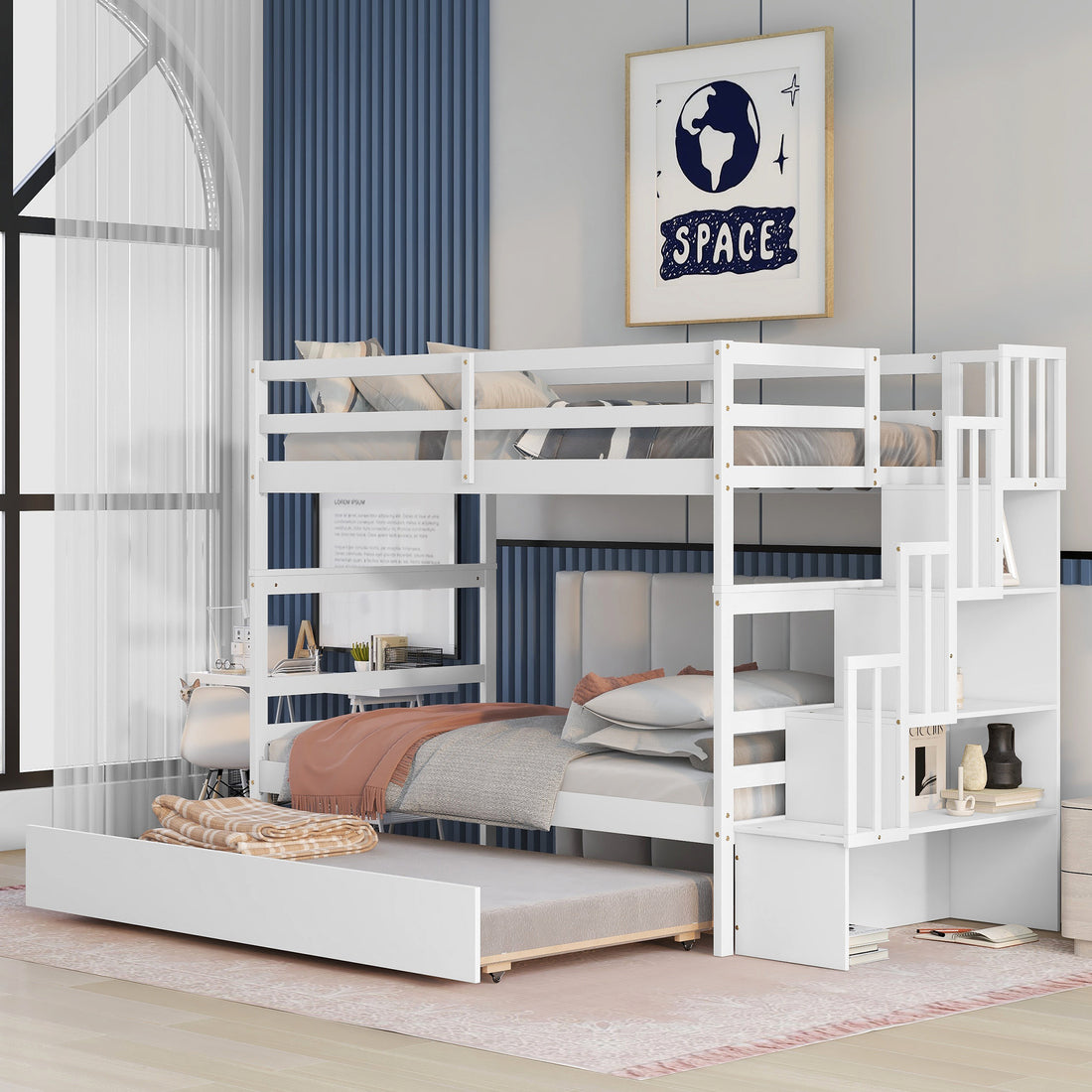 Twin Over Twin Bunk Beds With Twin Trundle And Stairway Storage Function In White Color White Pine