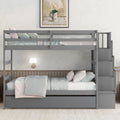 Twin Over Twin Bunk Beds With Twin Trundle And Stairway Storage Function In Grey Color Gray Pine