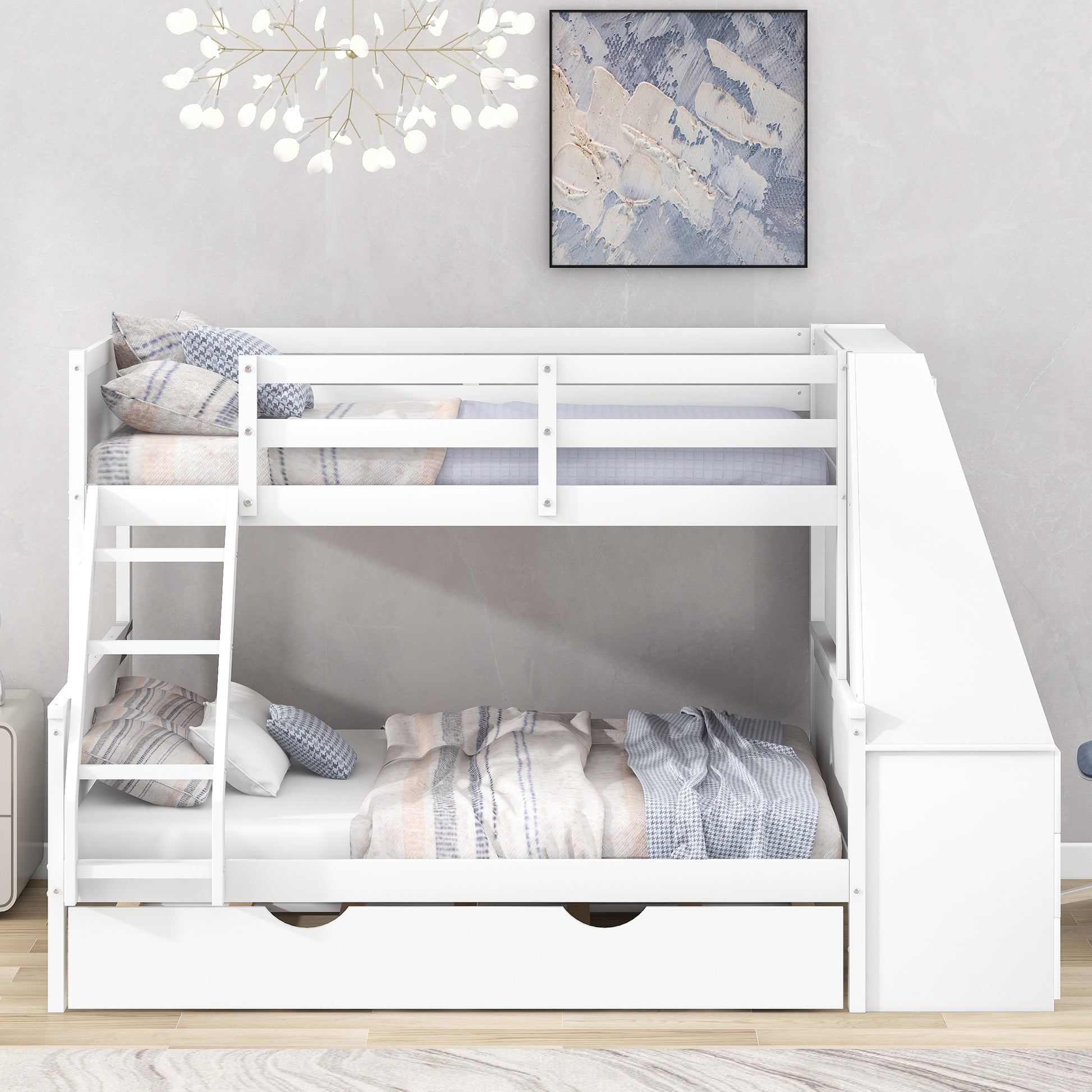 Twin Over Full Bunk Bed With Trundle And Built In Desk, Three Storage Drawers And Shelf,White White Pine