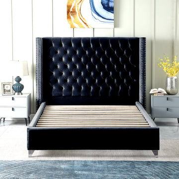 Contemporary Velvet Upholstered Bed With Deep Button Tufting, Solid Wood Frame, High Density Foam, Silver Metal Leg, King Size Black Velvet