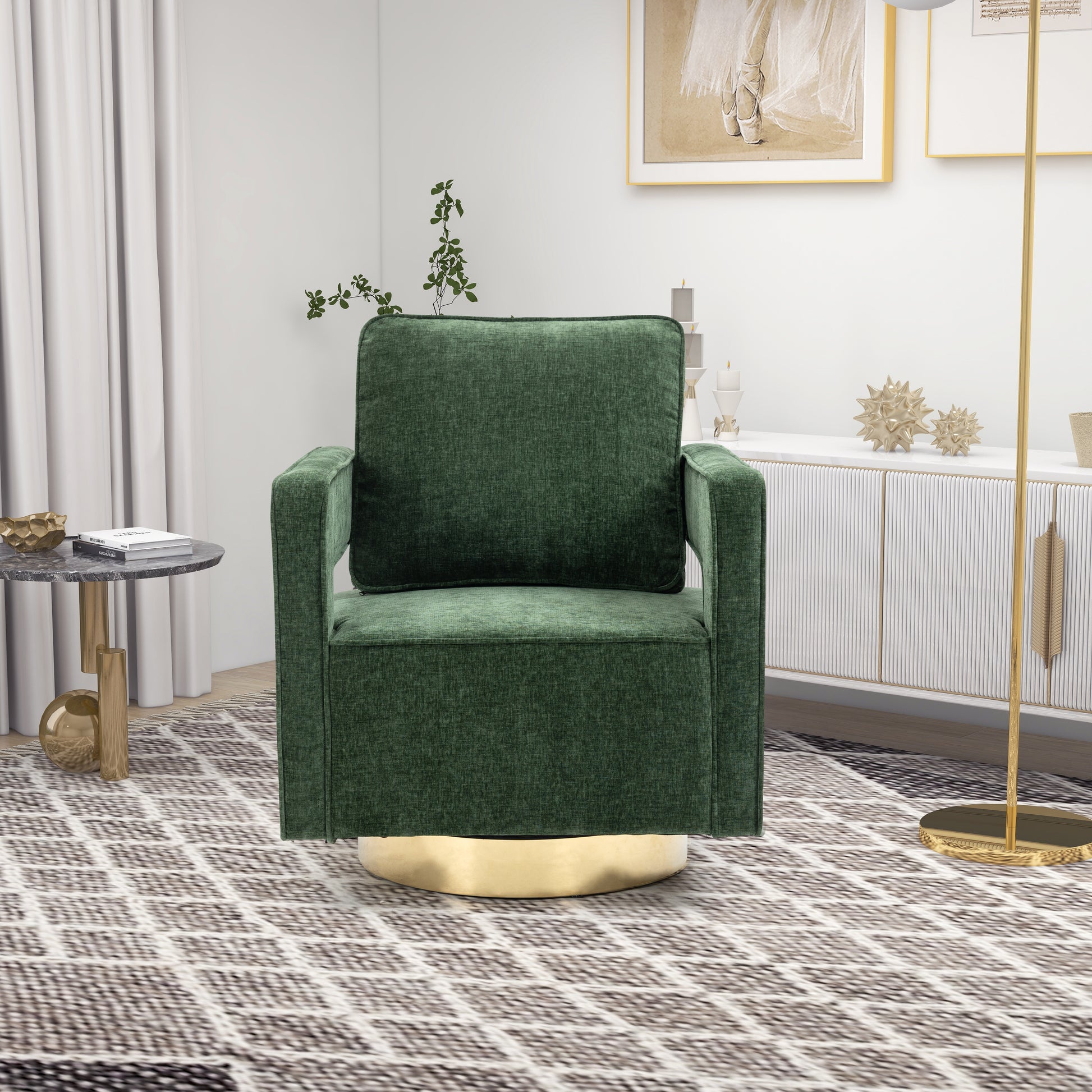 30.7"W Swivel Accent Open Back Chair Modern Comfy Sofa Chair With Gold Stainless Steel Base For Nursery Bedroom Living Room Hotel Office, Club Chair Leisure Arm Chair For Lounge Green Chenille Green