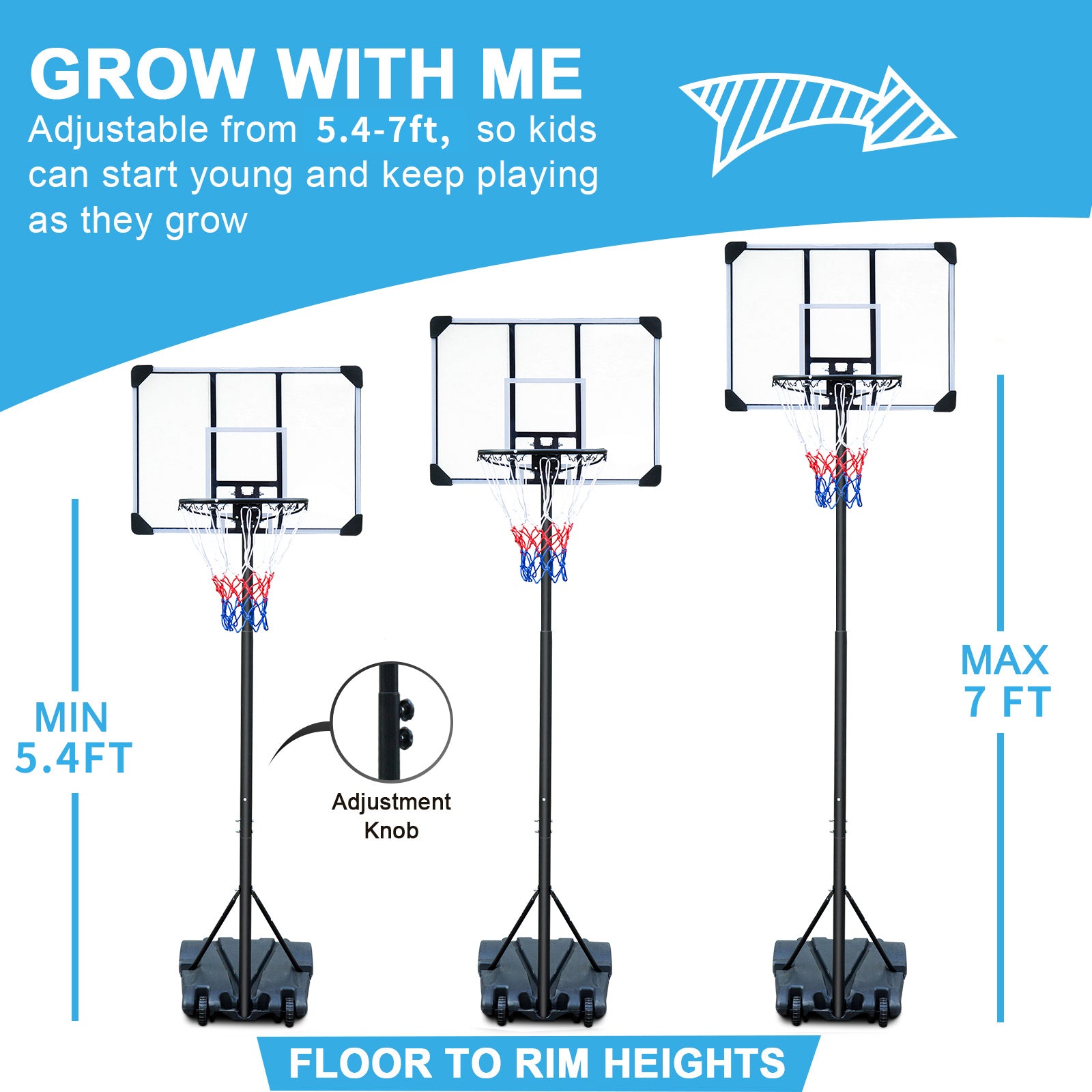 Portable Basketball Hoop Stand W Wheels For Kids Youth Adjustable Height 5.4Ft 7Ft Use For Indoor Outdoor Basketball Goals Play Set Transparent Iron