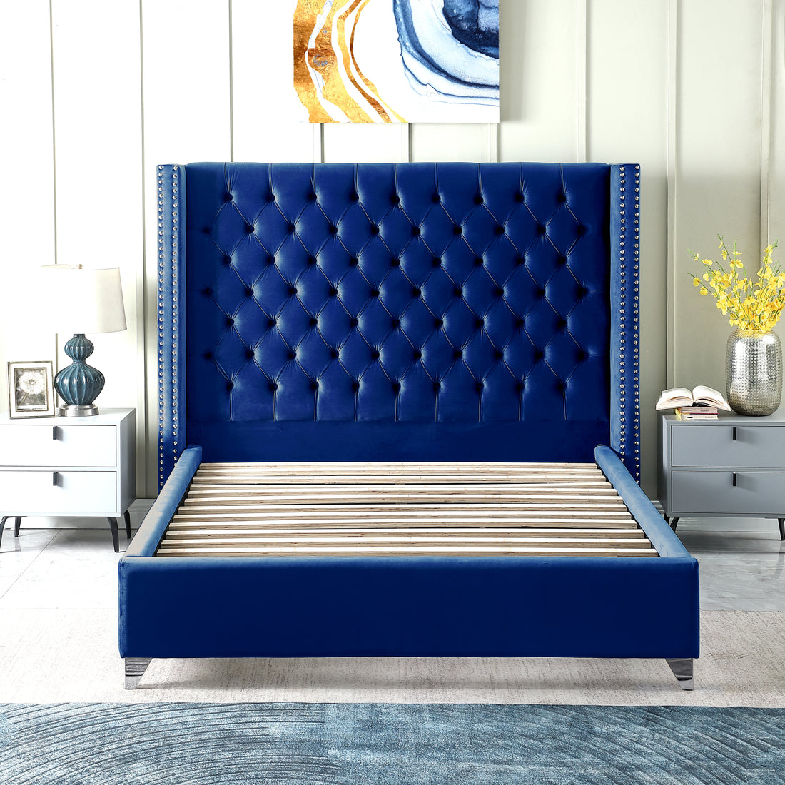 Contemporary Velvet Upholstered Bed With Deep Button Tufting, Solid Wood Frame, High Density Foam, Silver Metal Leg, Queen Size Blue Velvet