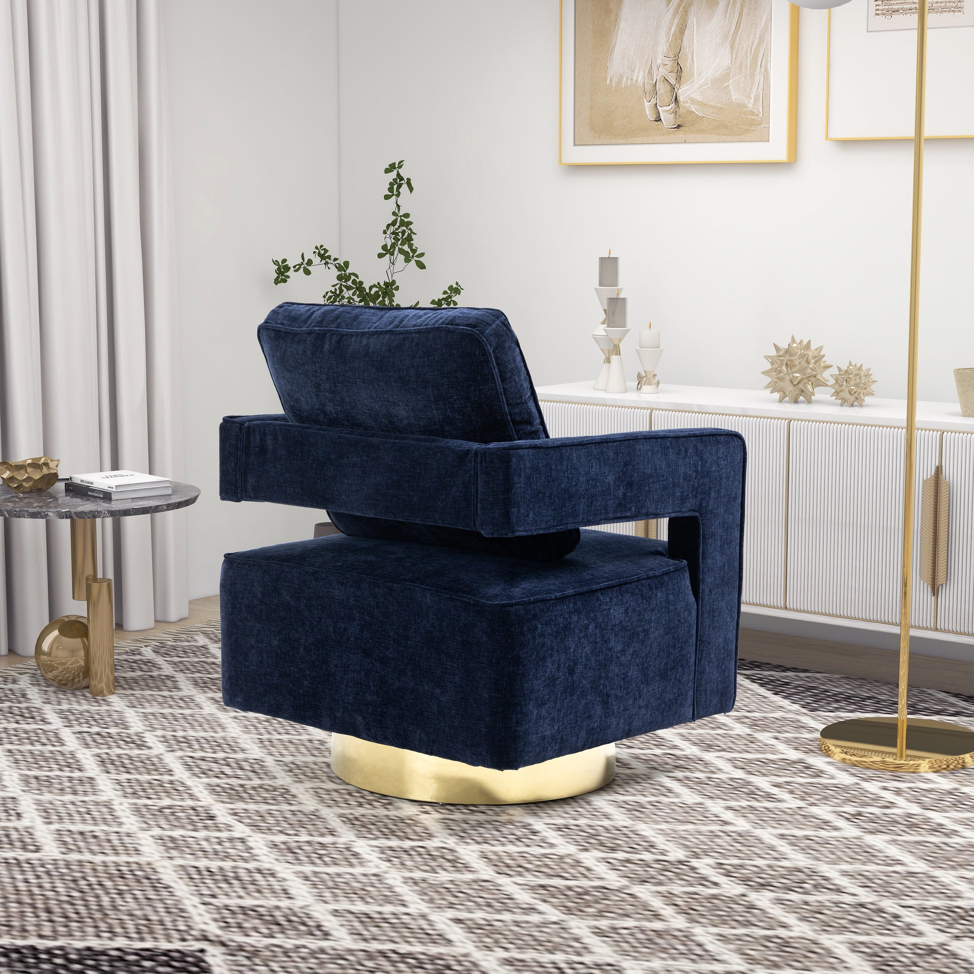 30.7"W Swivel Accent Open Back Chair Modern Comfy Sofa Chair With Gold Stainless Steel Base For Nursery Bedroom Living Room Hotel Office, Club Chair Leisure Arm Chair For Lounge Navy Chenille Navy