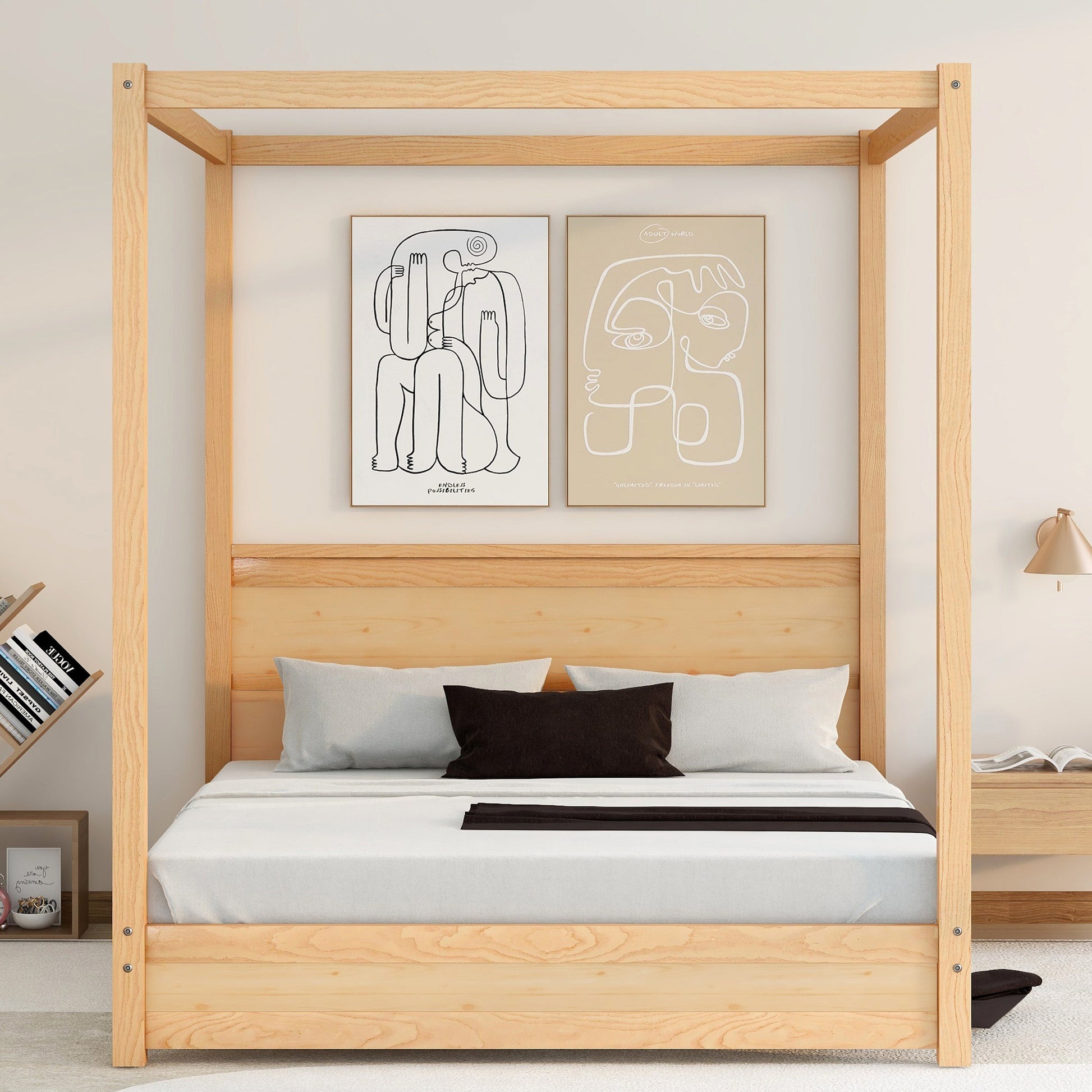 Queen Size Canopy Platform Bed With Headboard And Support Legs,Natural Natural Pine