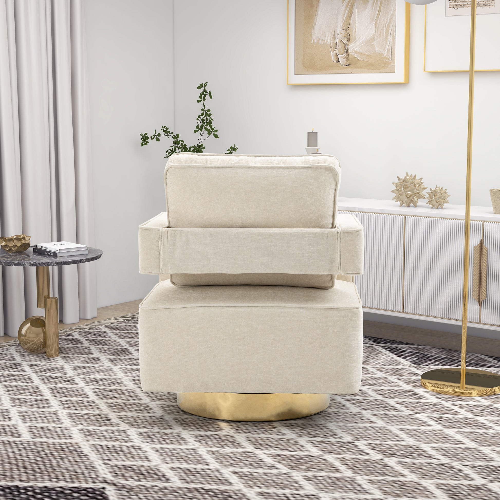 30.7"W Swivel Accent Open Back Chair Modern Comfy Sofa Chair With Gold Stainless Steel Base For Nursery Bedroom Living Room Hotel Office, Club Chair Leisure Arm Chair For Lounge Beige Chenille Beige