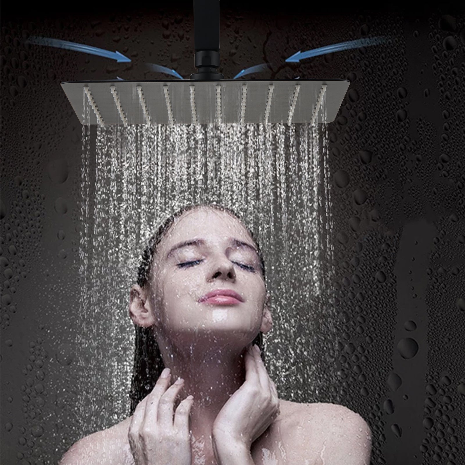 10 Inch Rain Shower Head, 10" Square Rainfall & High Pressure Stainless Steel Bath Showerhead, Waterfall Full Body Coverage With Silicone Nozzle Matte Black Metal