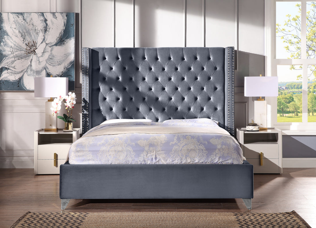 Contemporary Velvet Upholstered Bed With Deep Button Tufting, Solid Wood Frame, High Density Foam, Silver Metal Leg, Queen Size Grey Velvet