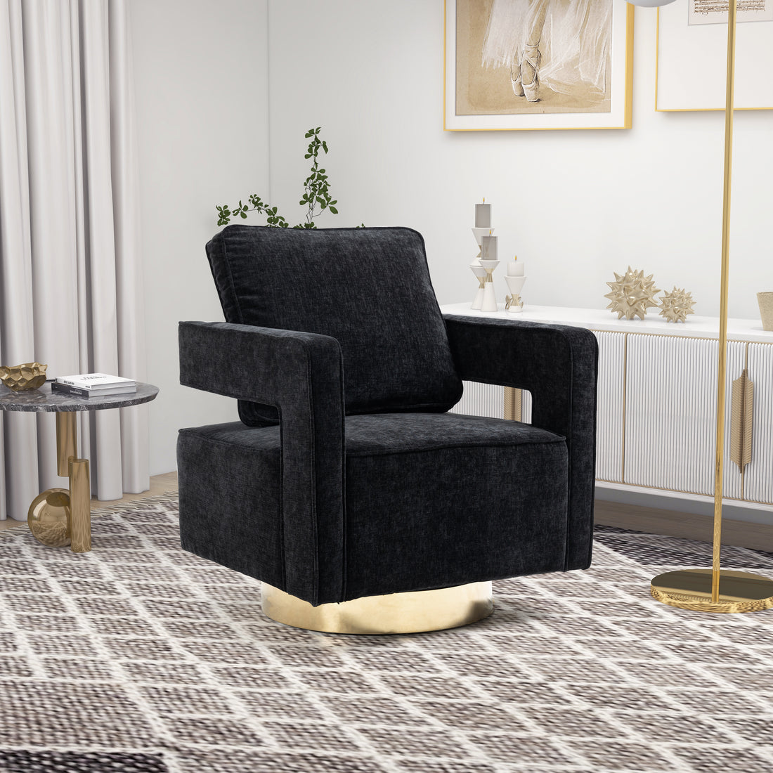 30.7"W Swivel Accent Open Back Chair Modern Comfy Sofa Chair With Gold Stainless Steel Base For Nursery Bedroom Living Room Hotel Office, Club Chair Leisure Arm Chair For Lounge Black Chenille Black