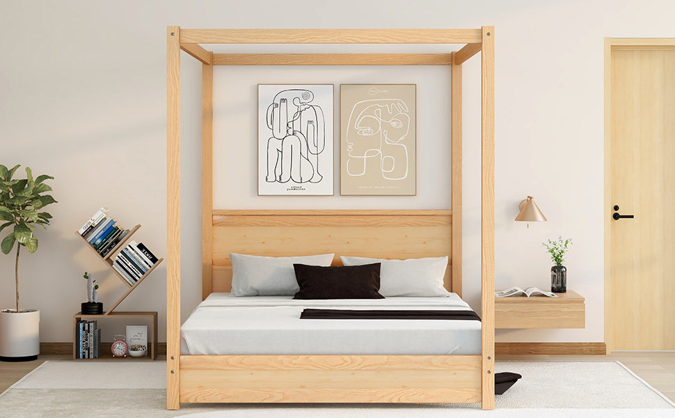Queen Size Canopy Platform Bed With Headboard And Support Legs,Natural Natural Pine