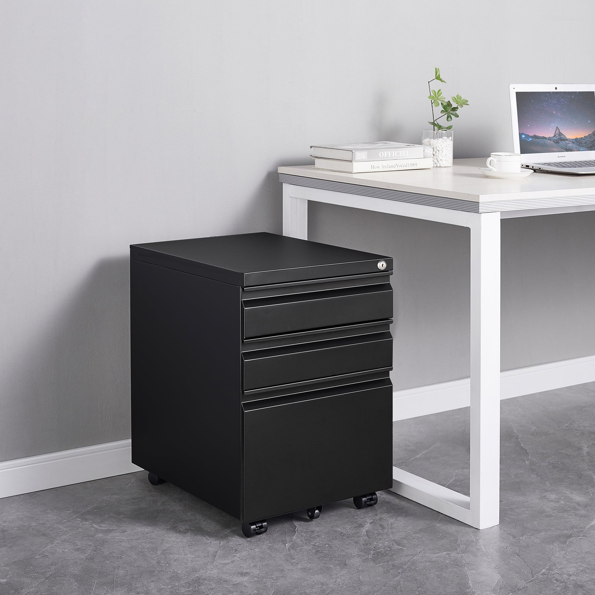 3 Drawer File Cabinet With Lock, Steel Mobile Filing Cabinet On Anti Tilt Wheels, Rolling Locking Office Cabinets Under Desk For Legal Letter Size Black Metal