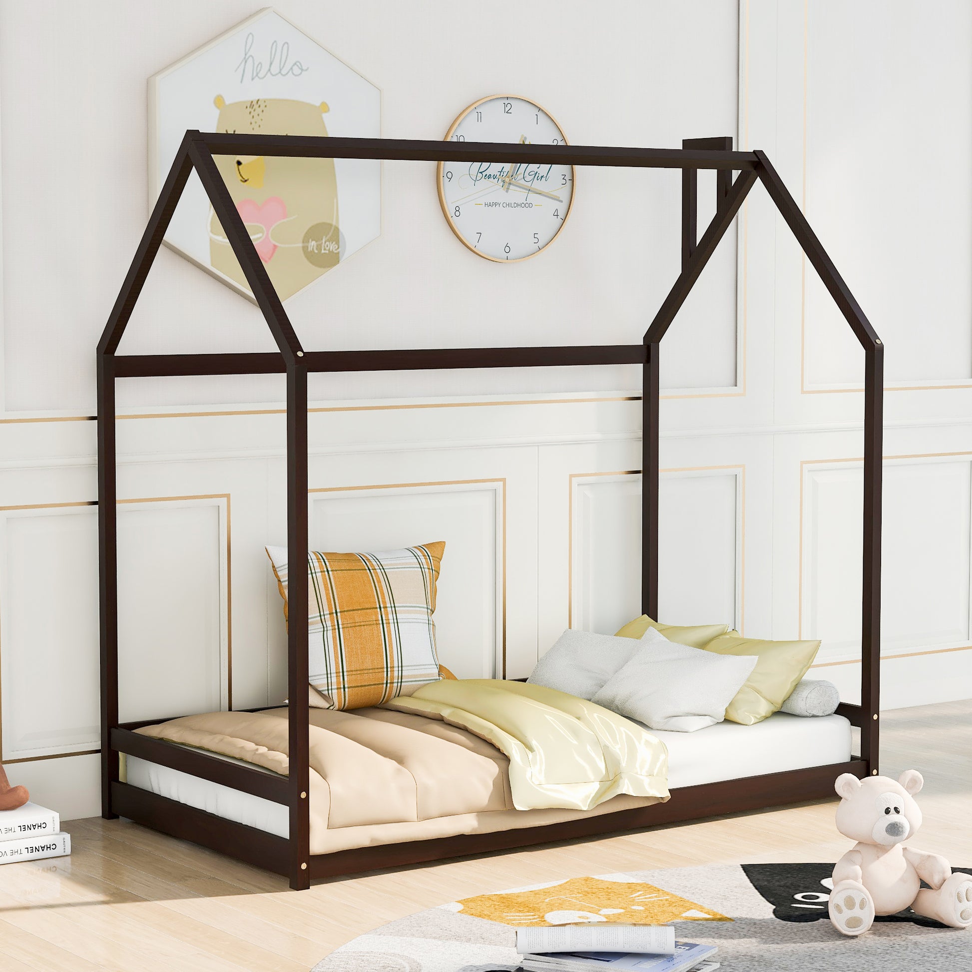 Twin Size House Bed Wood Bed, Espresso Old Sku:Wf281435Aap Espresso Solid Wood