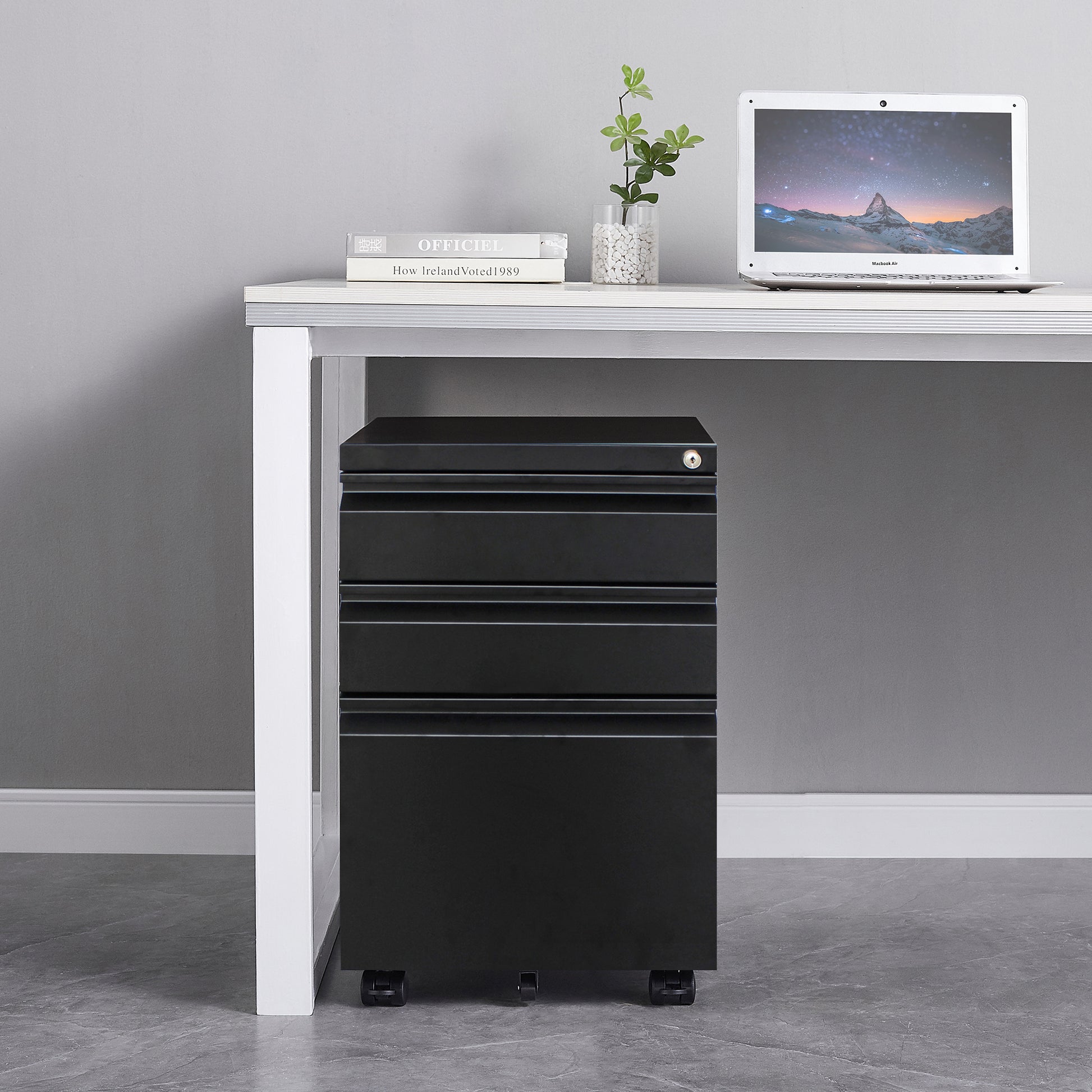 3 Drawer File Cabinet With Lock, Steel Mobile Filing Cabinet On Anti Tilt Wheels, Rolling Locking Office Cabinets Under Desk For Legal Letter Size Black Metal